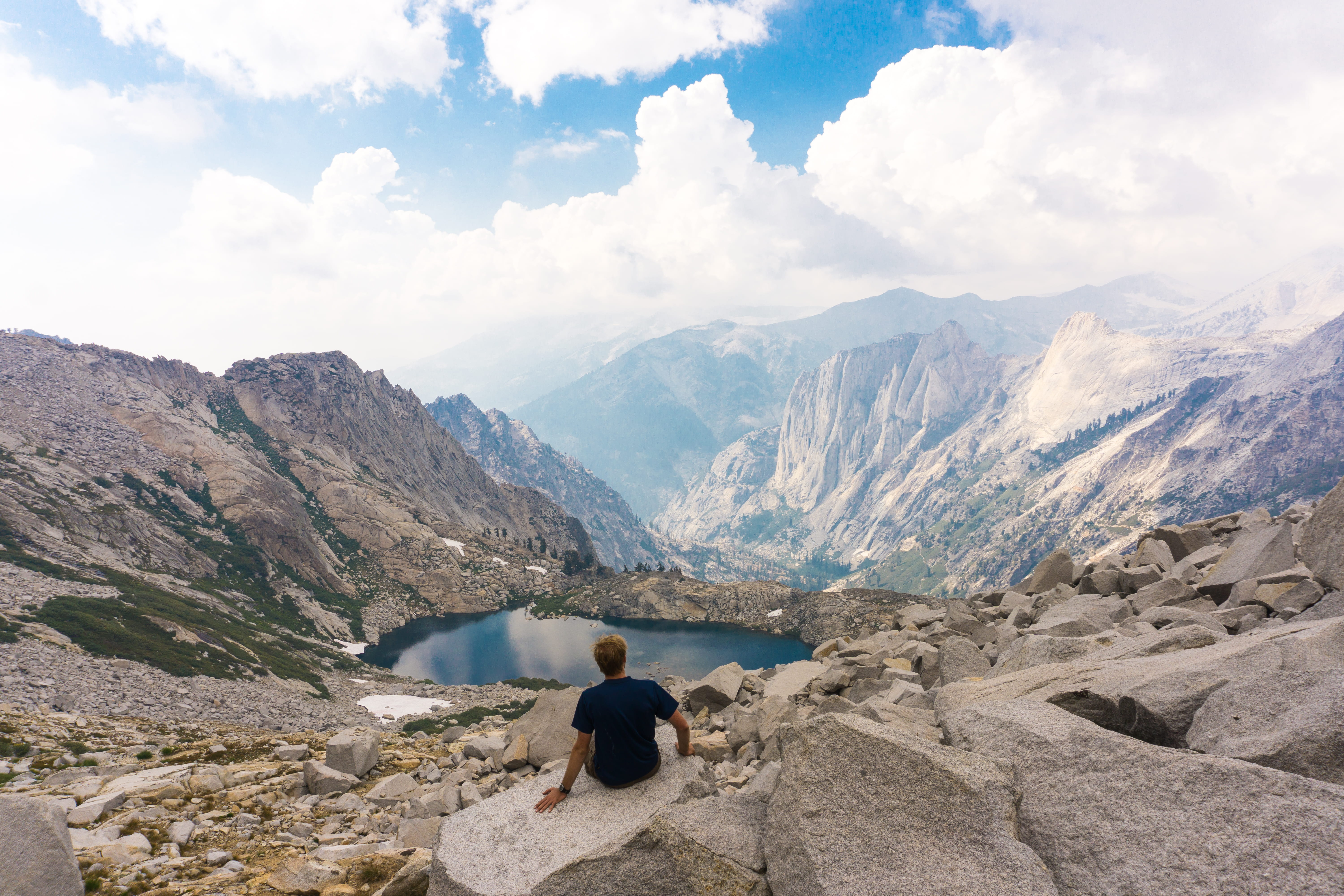 beauty in nature, valley, real people, tranquil scene, tranquility, huge mountian, water, cloud - sky, mountain, one person, mountain lake, outdoors, clouds, HD Wallpaper