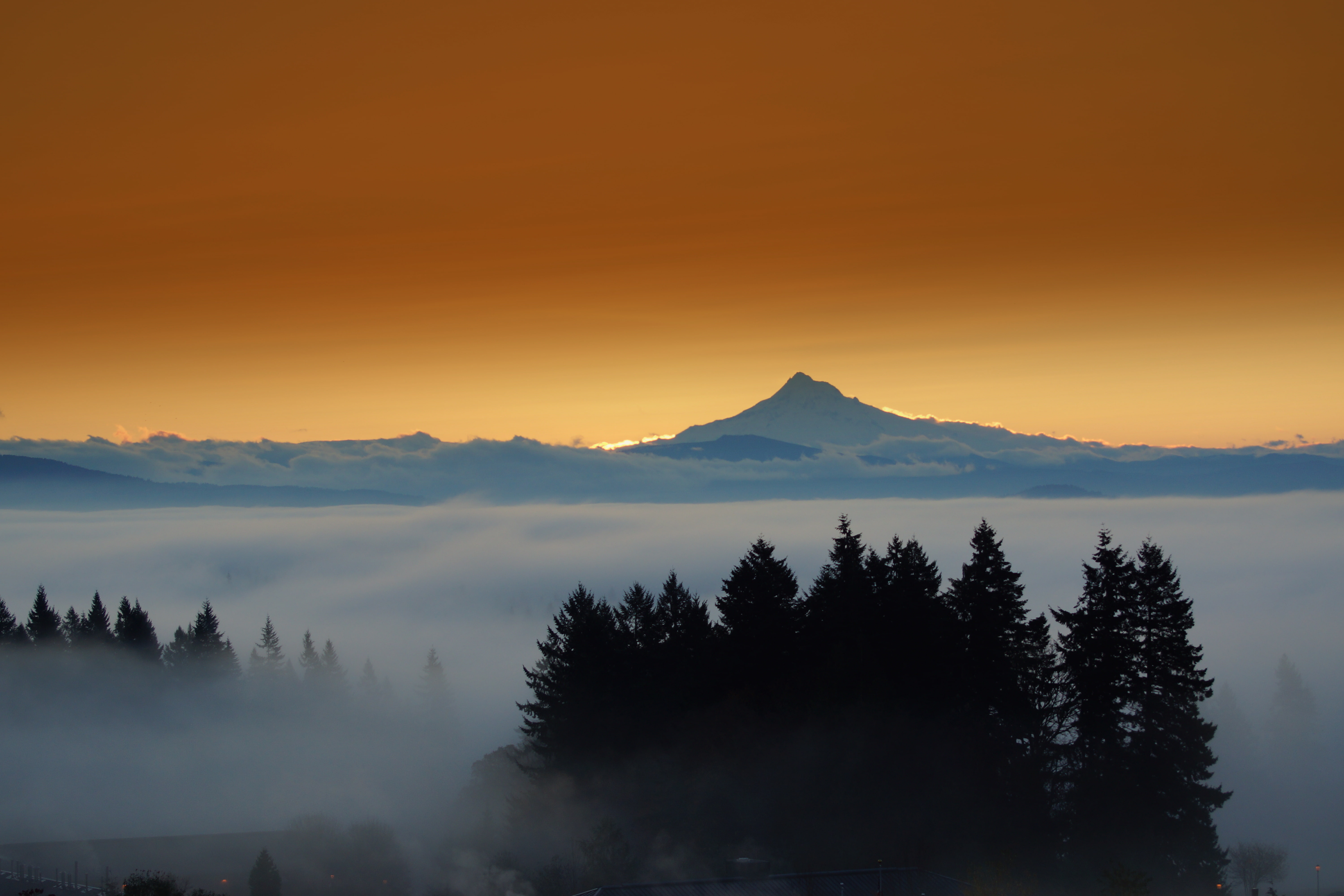 lights, mount Hood, mountains, fog, the city, the evening, forest, Eastern Oregon, 5K, HD Wallpaper