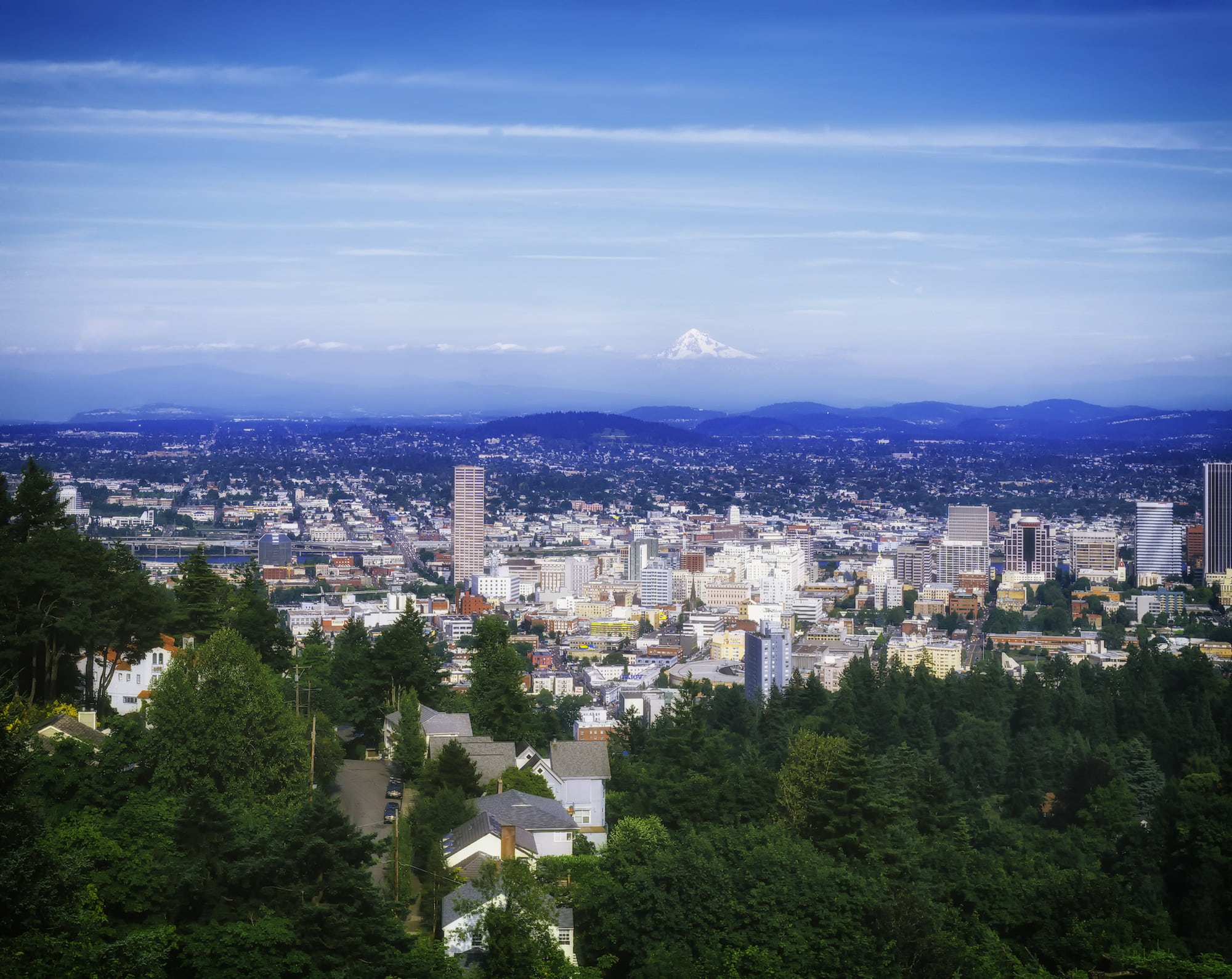 architecture, trees, portland, vista, scenic, daytime, clouds, mountains, cityscape, blue, 1080P, outdoors, photography, sky, crowded, built structure, HD Wallpaper