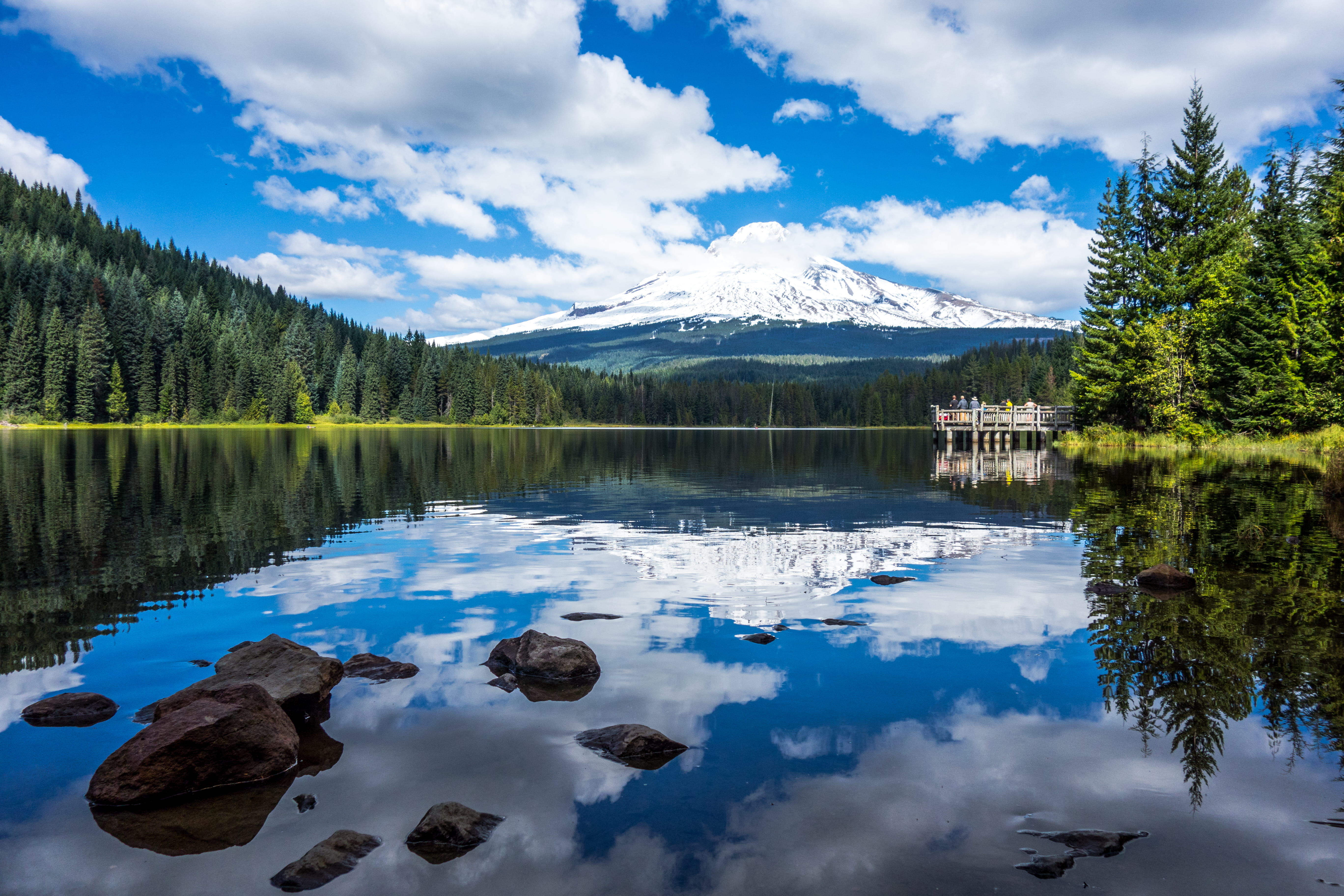 reflection, outdoor, water, day, oregon, tree, united states, cloud - sky, dock, water reflection, sky, rock, 5K, blue, nature, snowcapped mountain, non-urban scene, HD Wallpaper