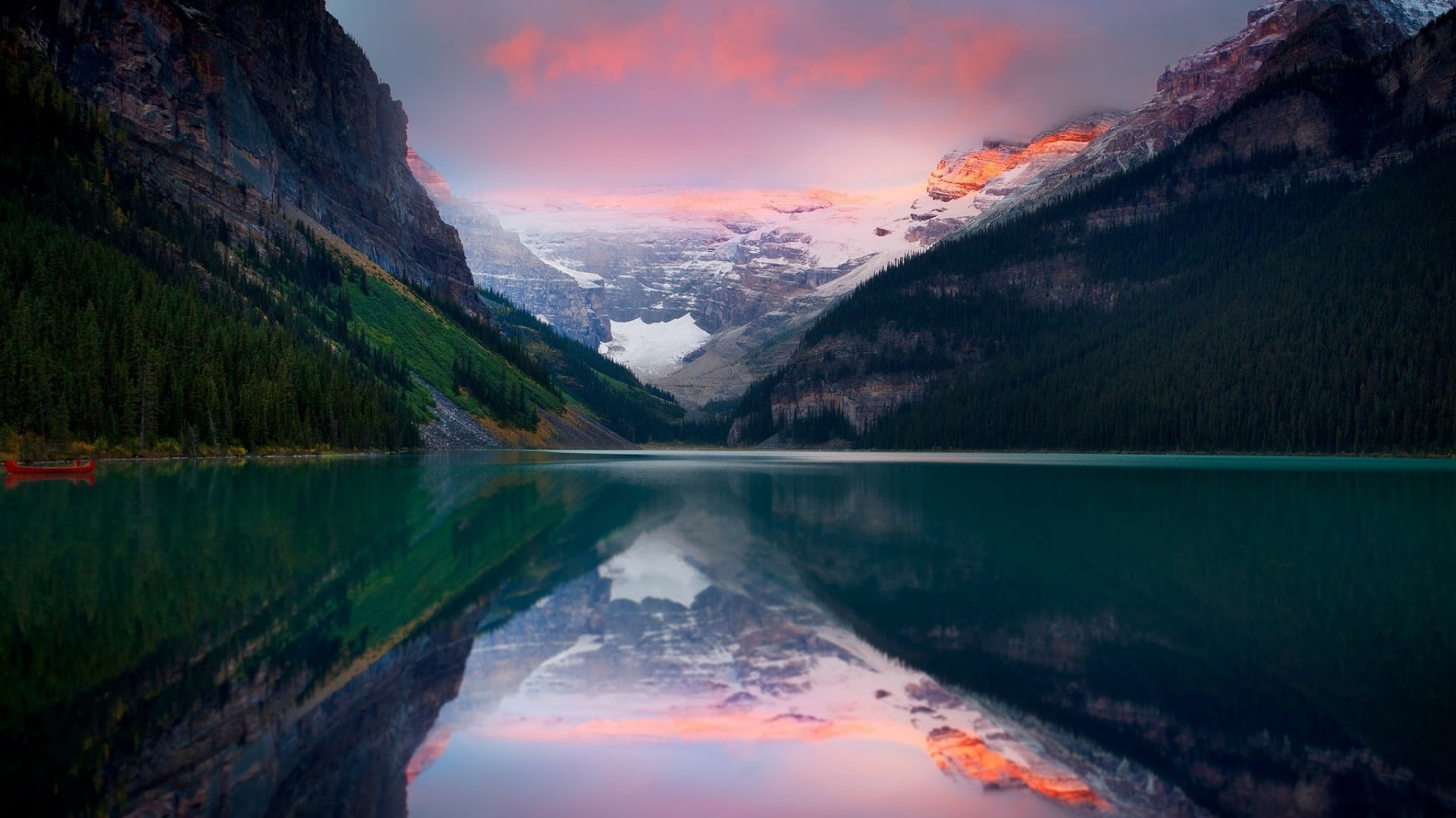 dawn, mount scenery, lake, glacial lake, mountain range, tranquility, beauty in nature, no people, pink sky, morning, fjord, scenics - nature, canada, reflection, HD Wallpaper