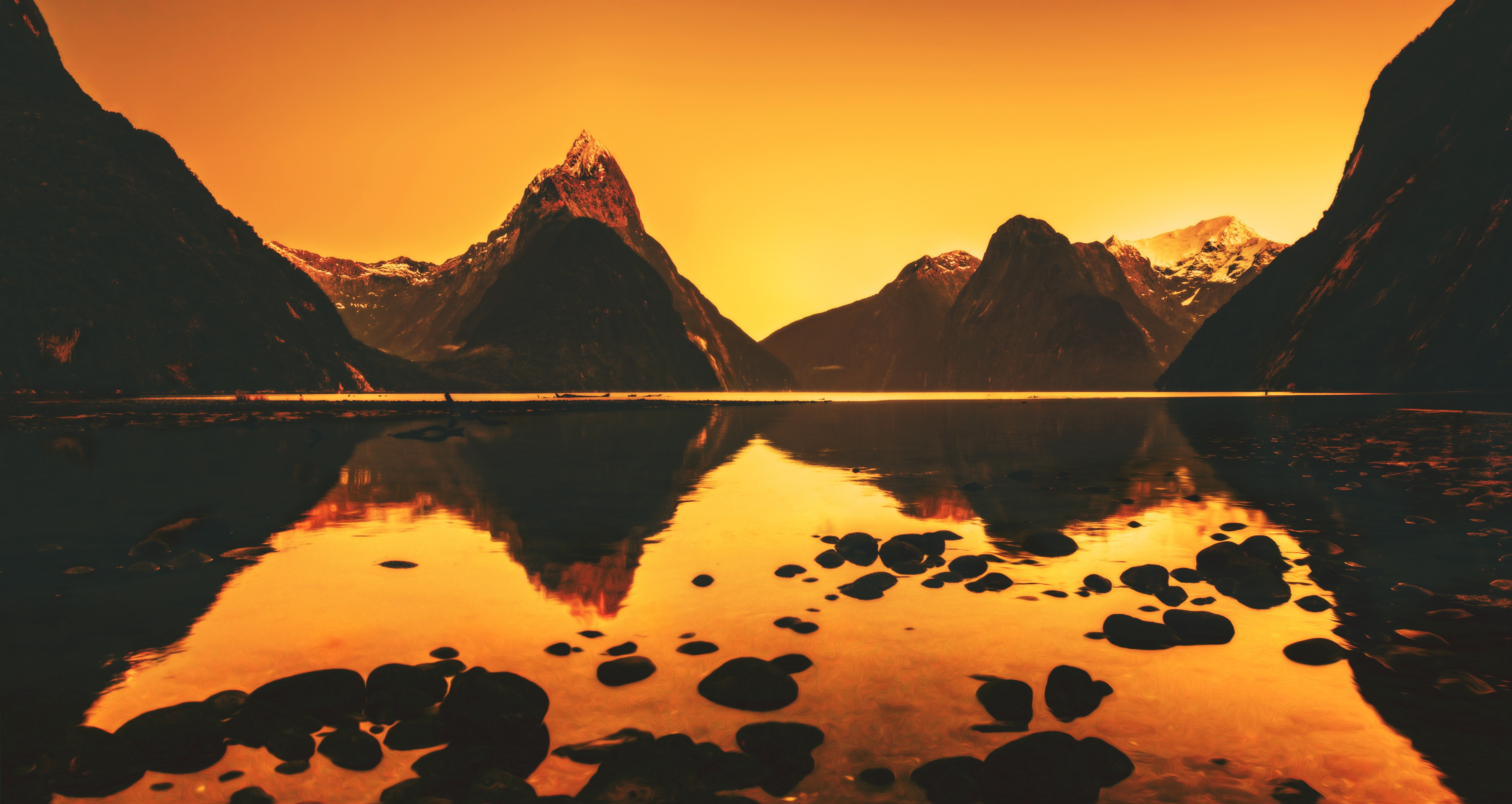 landscape, orange, 5K, stones, Milford Sound, photography, pebbles, water, calm, mountains, reflection, lake, sunset, nature, HD Wallpaper