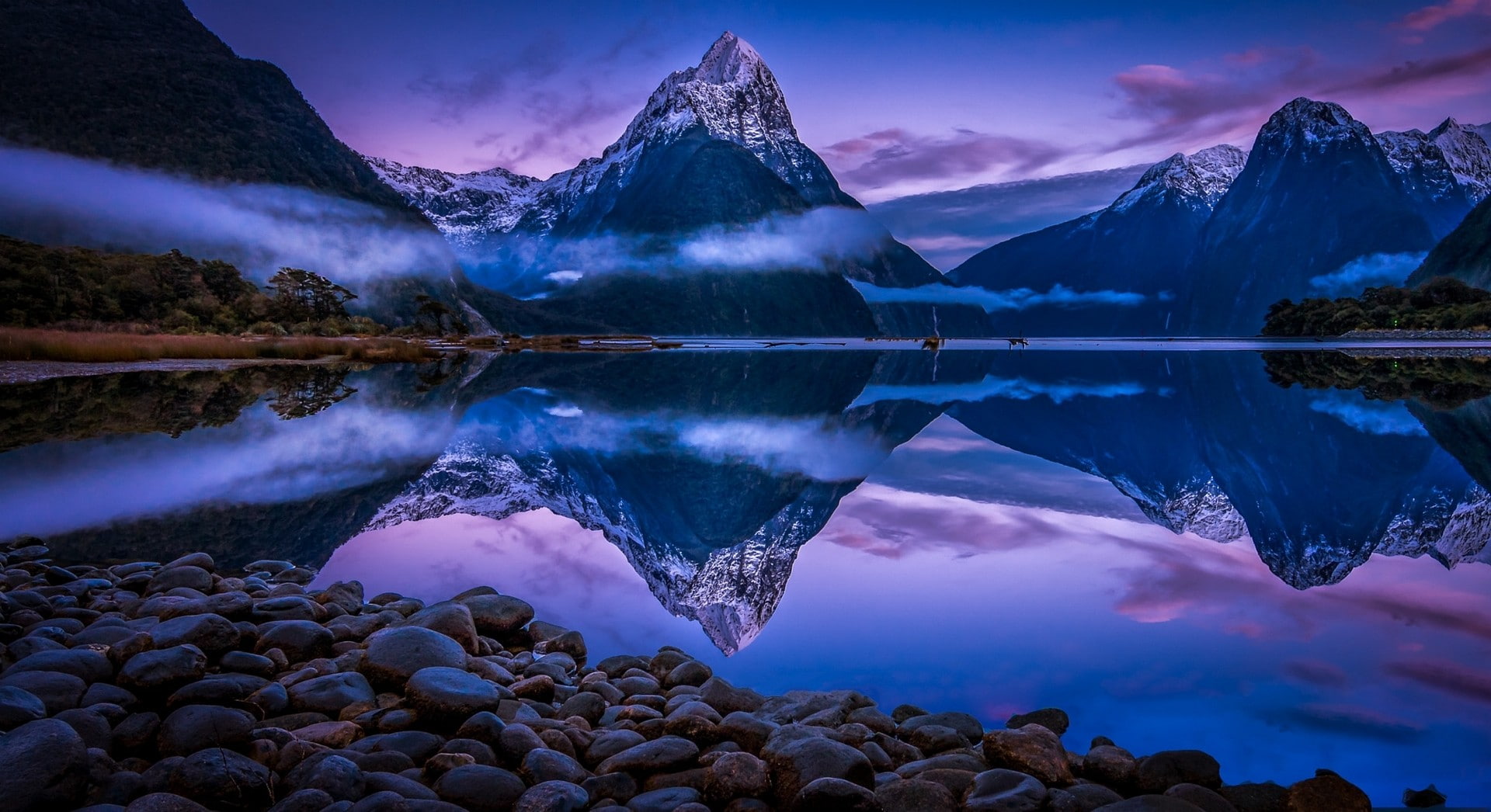 landscape, reflection, nature, New Zealand, snowy peak, clouds, Milford Sound, water, fjord, mountains, morning, 1080P, mist, blue, HD Wallpaper