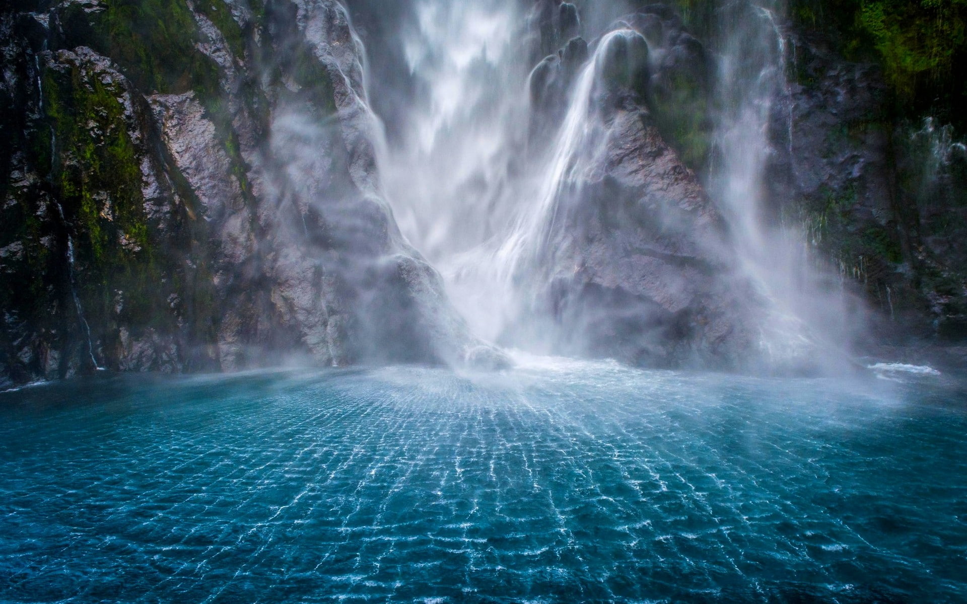white, sea, mist, cliff, New Zealand, mountains, water, waterfall, fjord, moss, landscape, nature, blue, Milford Sound, 1080P, HD Wallpaper