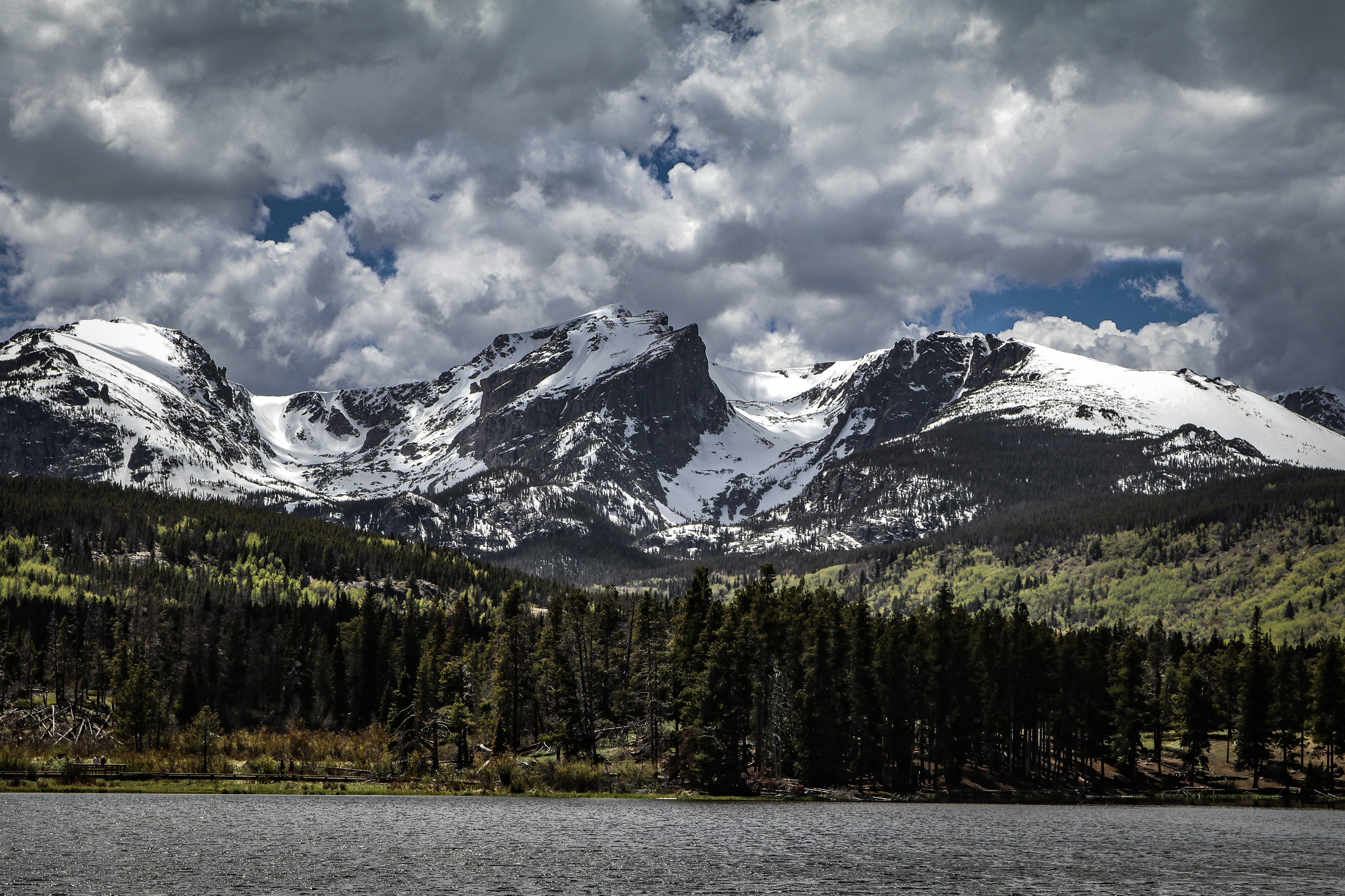 coniferous tree, mountains, mountain, clouds, mountain range, tranquil scene, beauty, mountain peak, national parks, cloud - sky, trees, sprague lake trail, HD Wallpaper