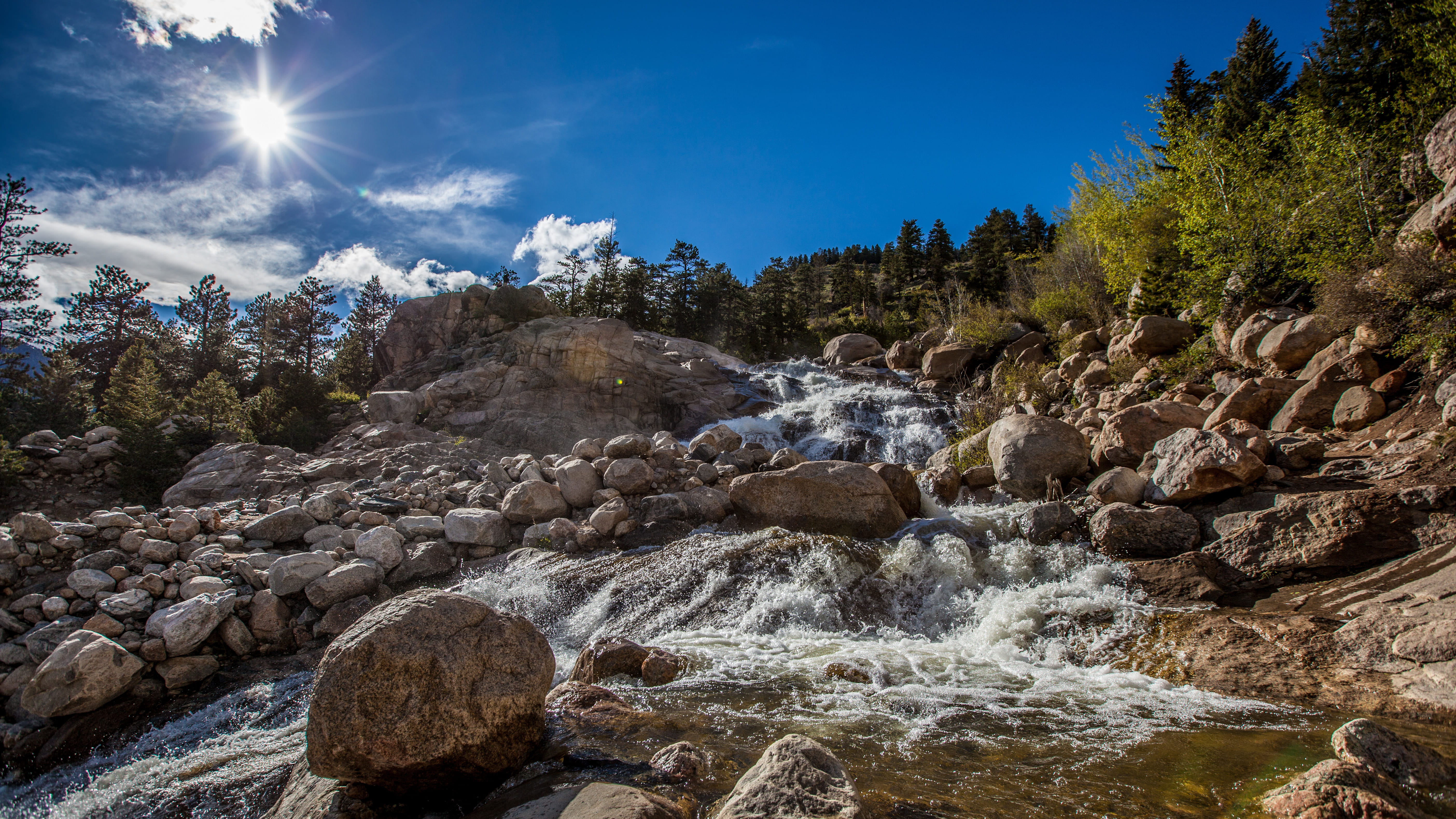 rock - object, no people, plant, tree, blue sky, united states, rocks, spring, river, 5K, sky, forest, solid, water, hdr, lens flare, land, beauty in nature, HD Wallpaper