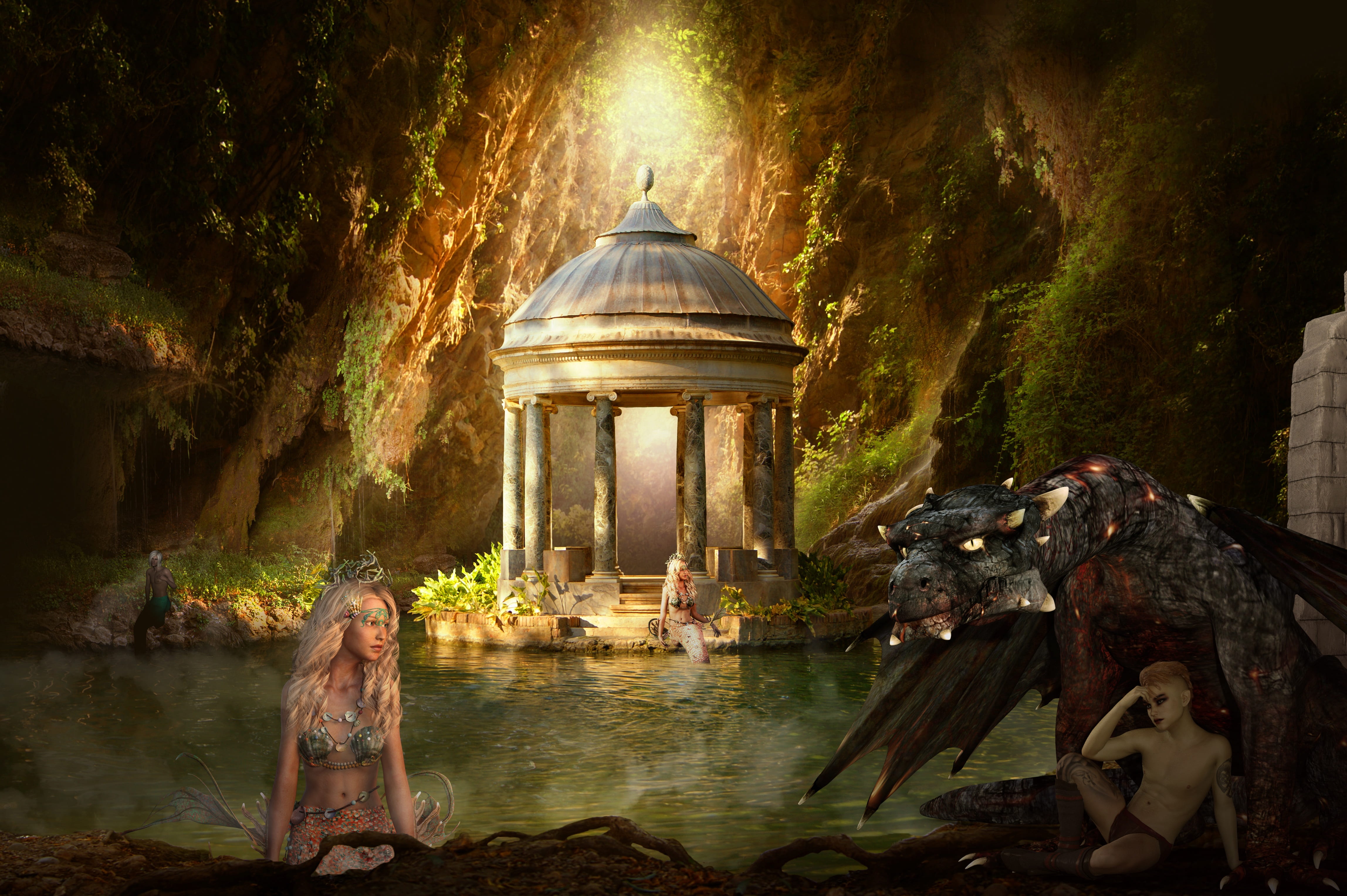 the past, belief, mystical, fantasy, place of worship, digital art, tourism, tree, mermaid, travel, lake, dragon, fairy tales, dome, travel destinations, HD Wallpaper
