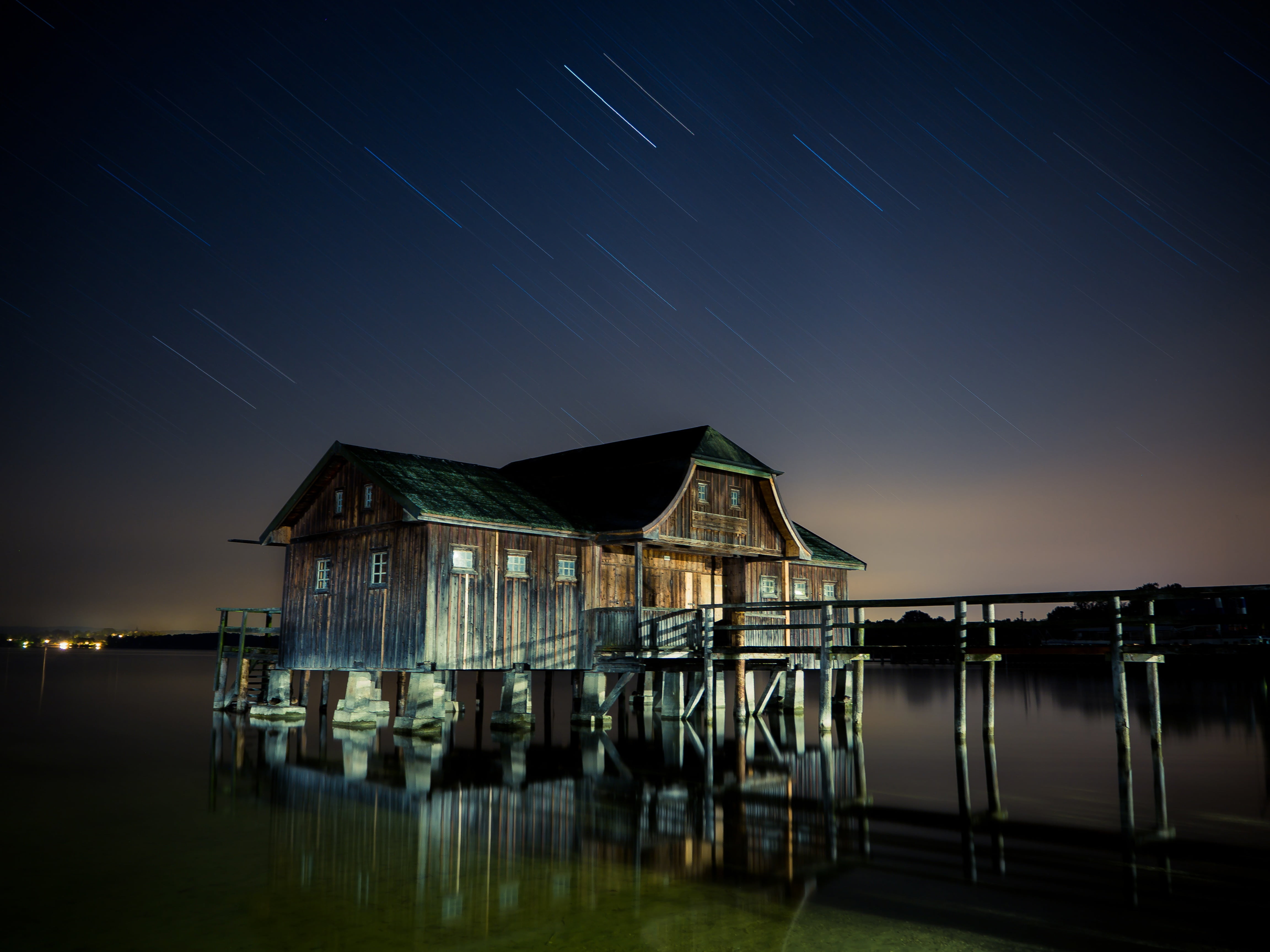 silent, brown, illuminated, stilt houses, astronomy, tranquil scene, waters, boat house, bavaria, star, no people, away, green, house, sea, water, lake, HD Wallpaper