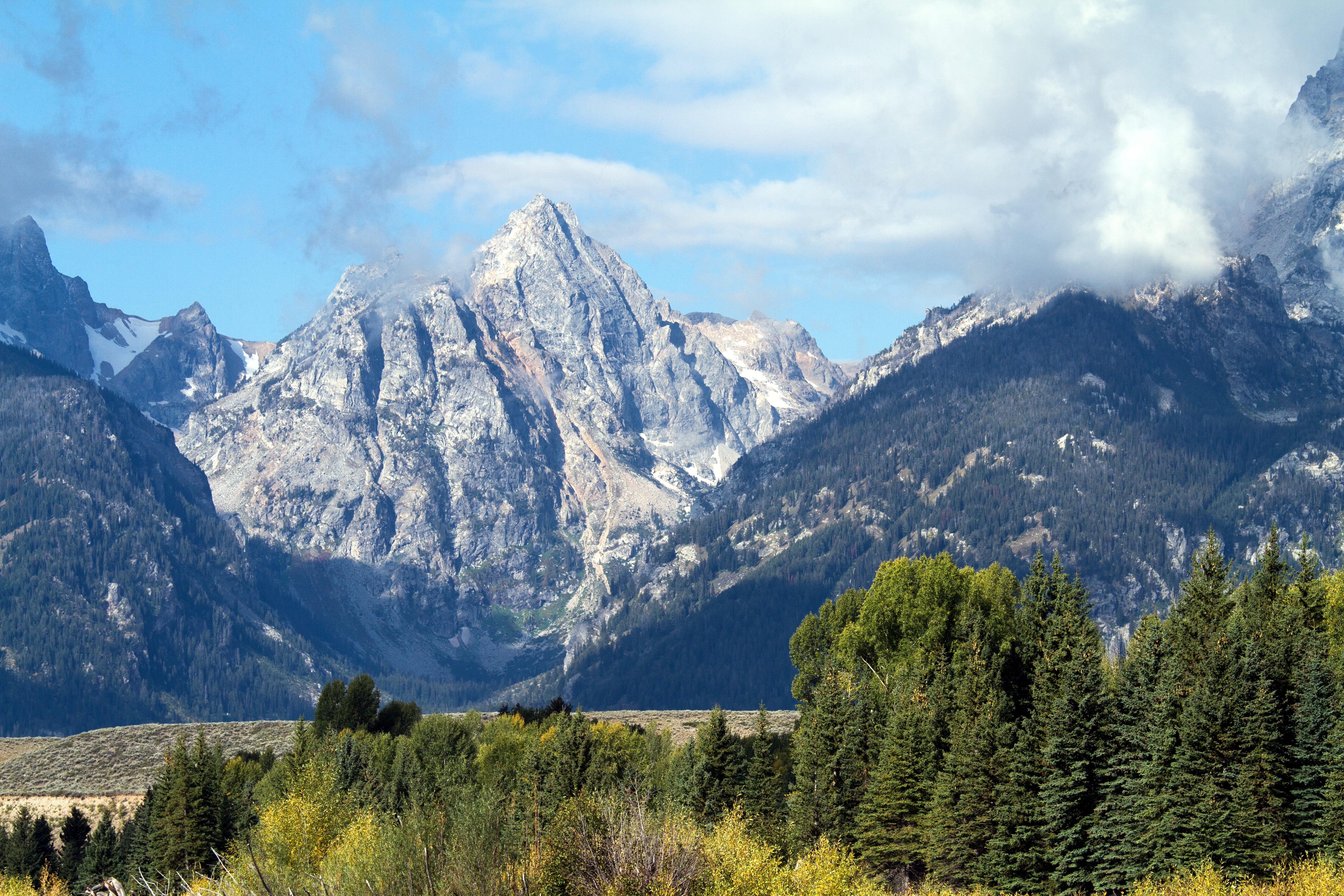 mountains, daytime, cloud - sky, mountain range, beauty in nature, coniferous tree, tranquil scene, 5K, nature, pine tree, snake river, mountain peak, HD Wallpaper
