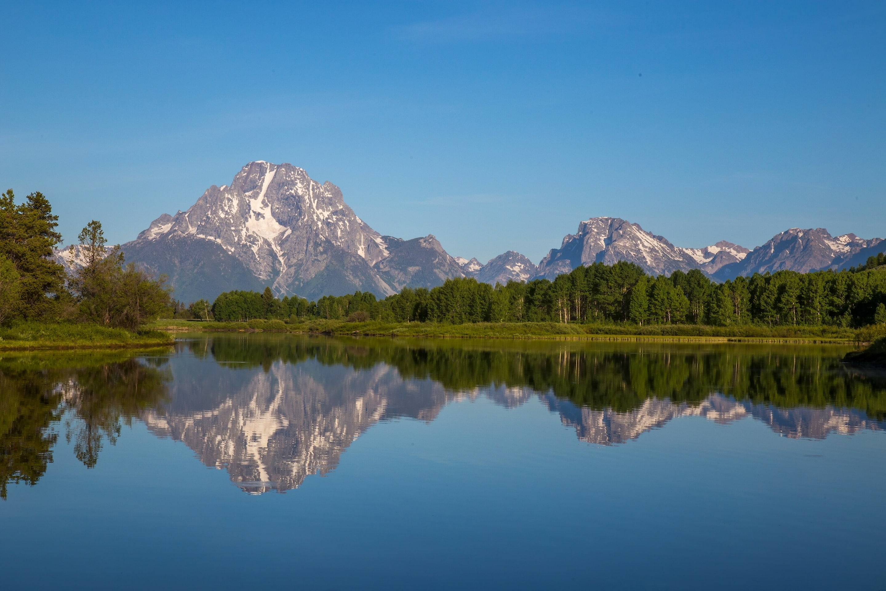 Wyoming, reflection, forest, The Snake River, Mount Moran, tops, National Park Grand Teton, river, Rocky Mountains, Snake River, Grand Teton National Park, HD Wallpaper