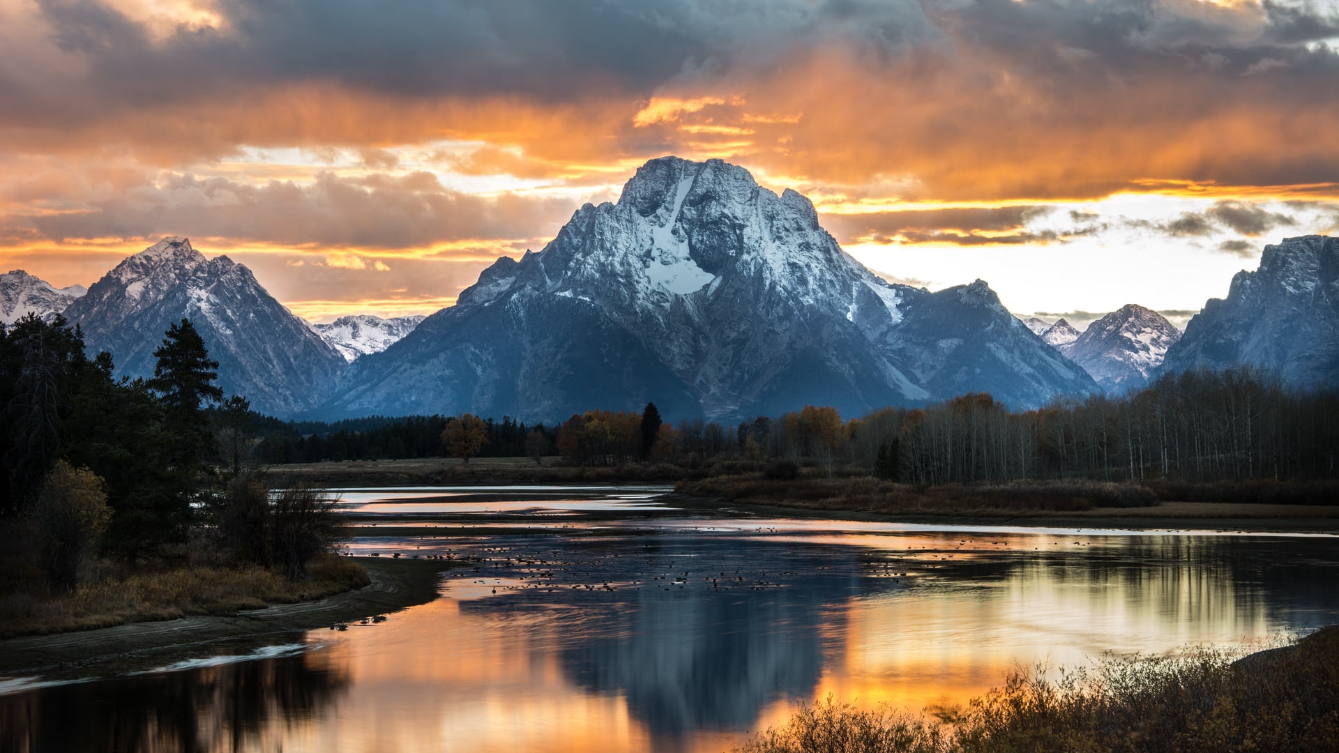 sunset, 1080P, clouds, mount moran, peak, snowy mountain, lake, Grand Teton National Park, sky, trees, landscape, mountains, HD Wallpaper