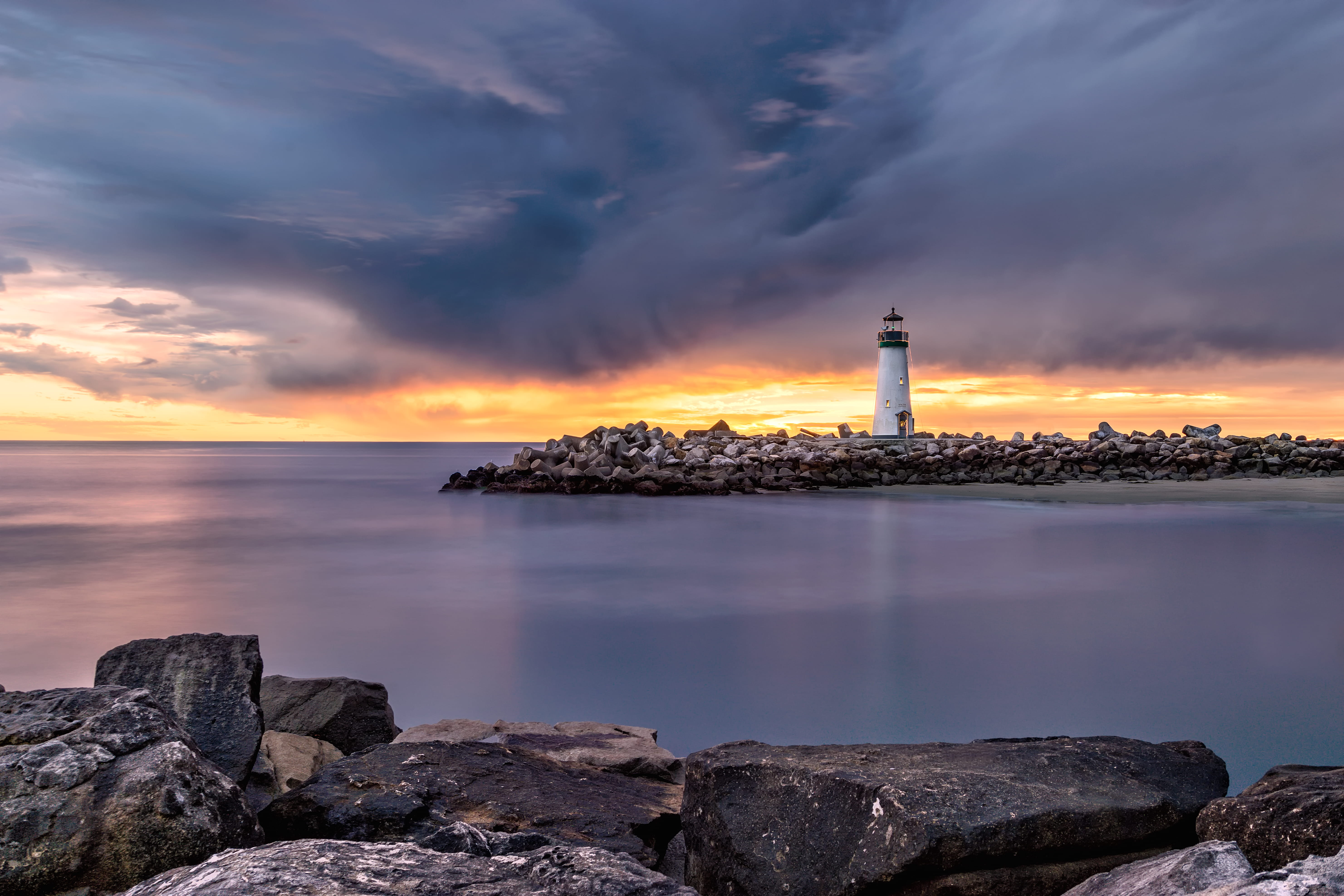 shore, californium, scenics - nature, ocean, guidance, beach, lighthouse, santa cruz, body, building, no people, rock, beside, tower, cloud, sea, calm water, HD Wallpaper