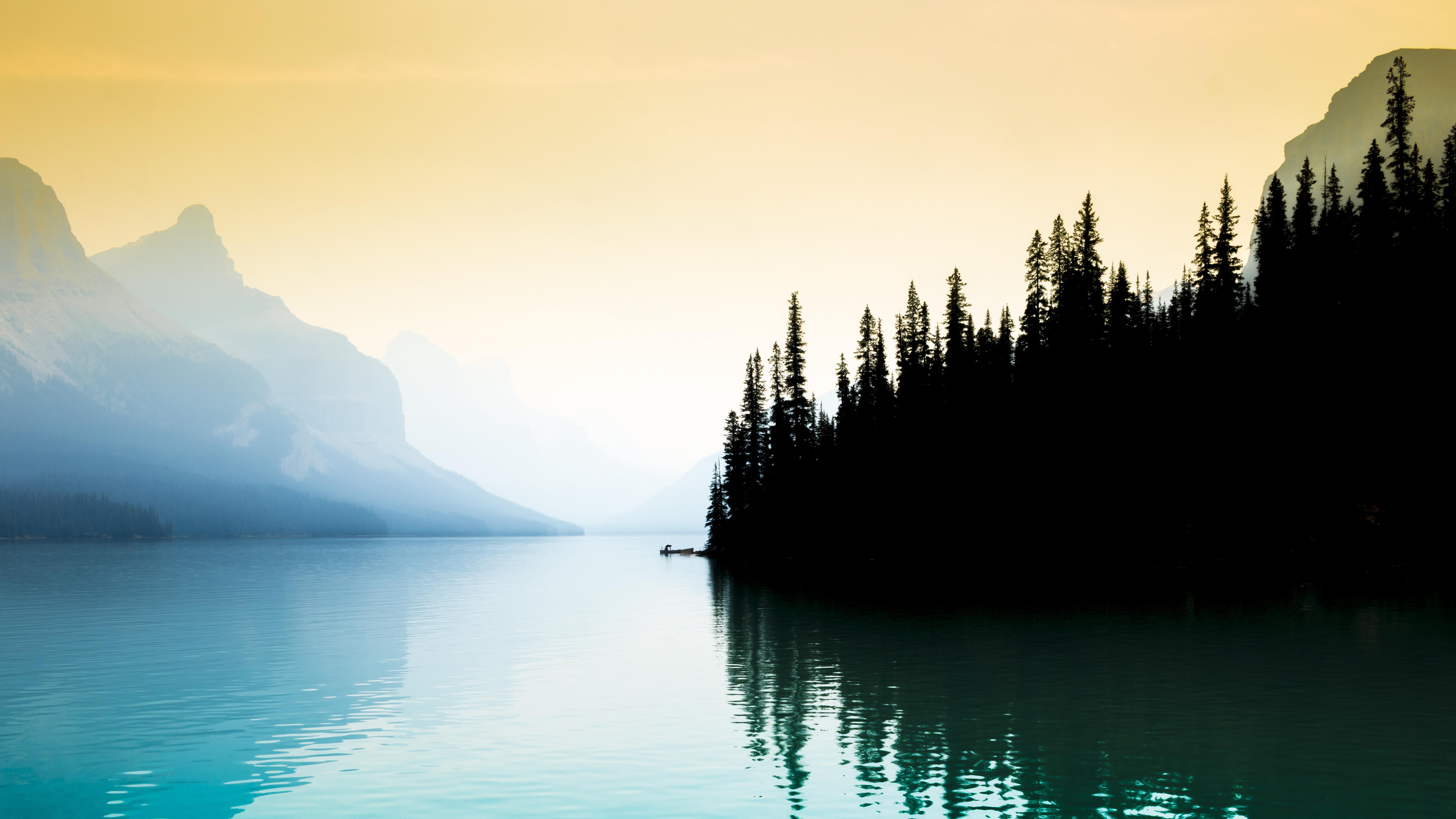landscape, lake, pine trees, mist, boat, lake Maligne, 4K, mountains, Alberta, HD Wallpaper