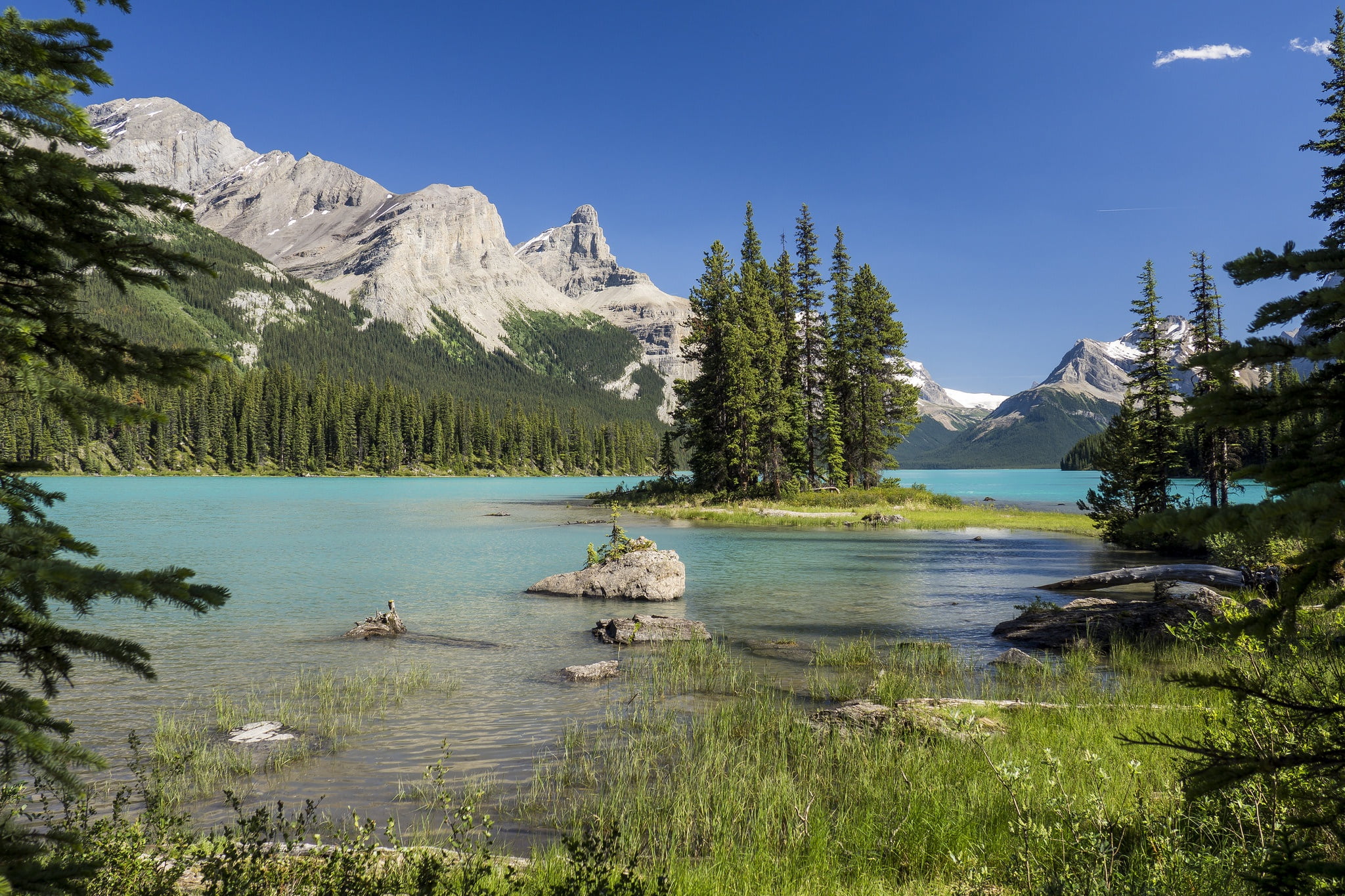 no people, scenics - nature, nautical vessel, growth, tranquility, Albert, sky, plant, idyllic, tranquil scene, Maligne Lake, Canada, mountain range, lake, HD Wallpaper