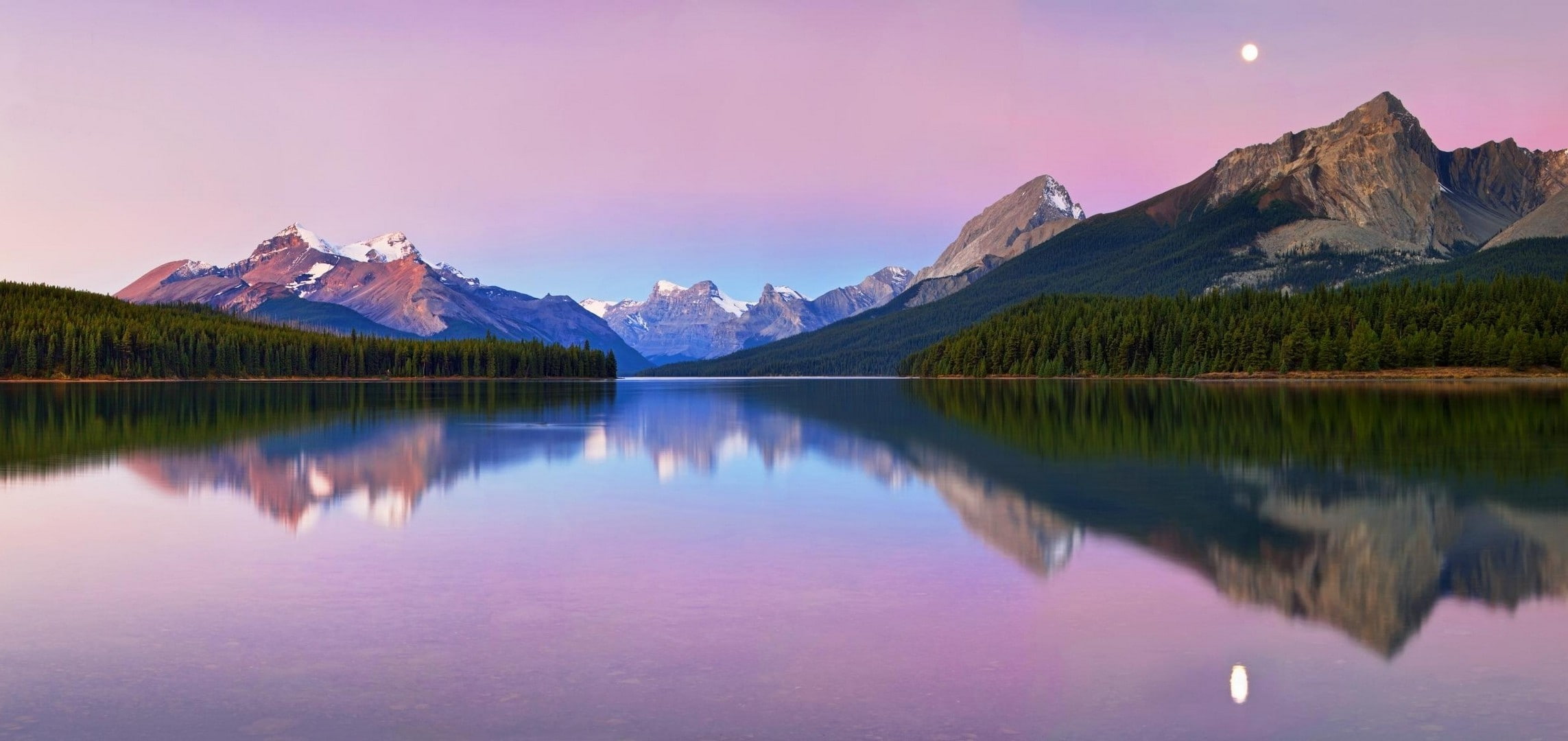 reflection, sky, mountain range, Moon, pink color, idyllic, Lake Maligne, travel destinations, mountain, outdoors, Canada, water, lake, beauty in nature, HD Wallpaper