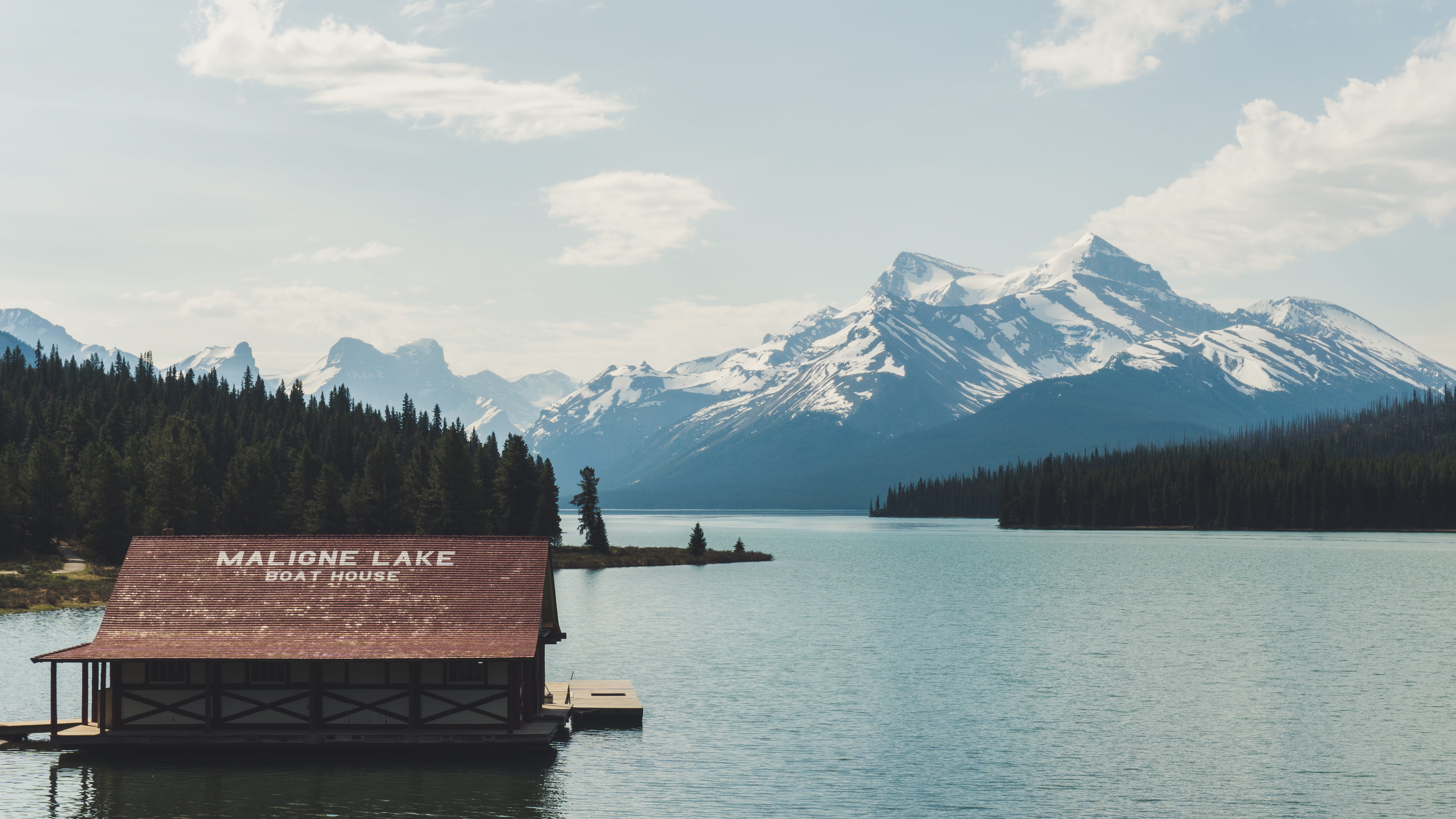 tranquil scene, cloud - sky, beauty in nature, trees, canada, scenics - nature, national park, non-urban scene, tree, 5k, tranquility, boat house, HD Wallpaper