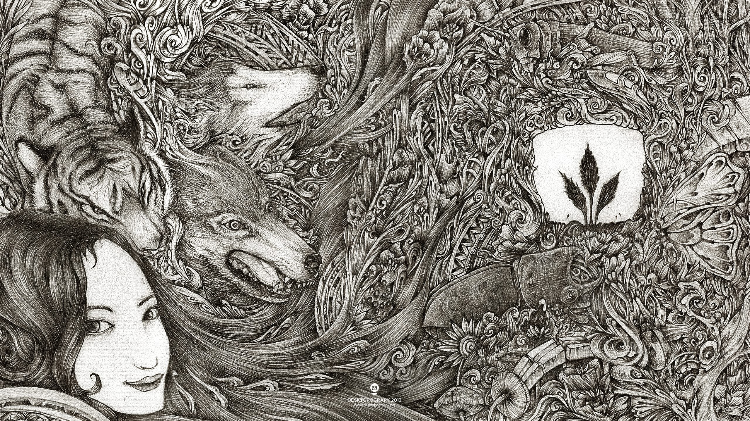 sketches, Desktopography, wolf, tiger, Photoshop, insect, 2K,   digital, HD Wallpaper