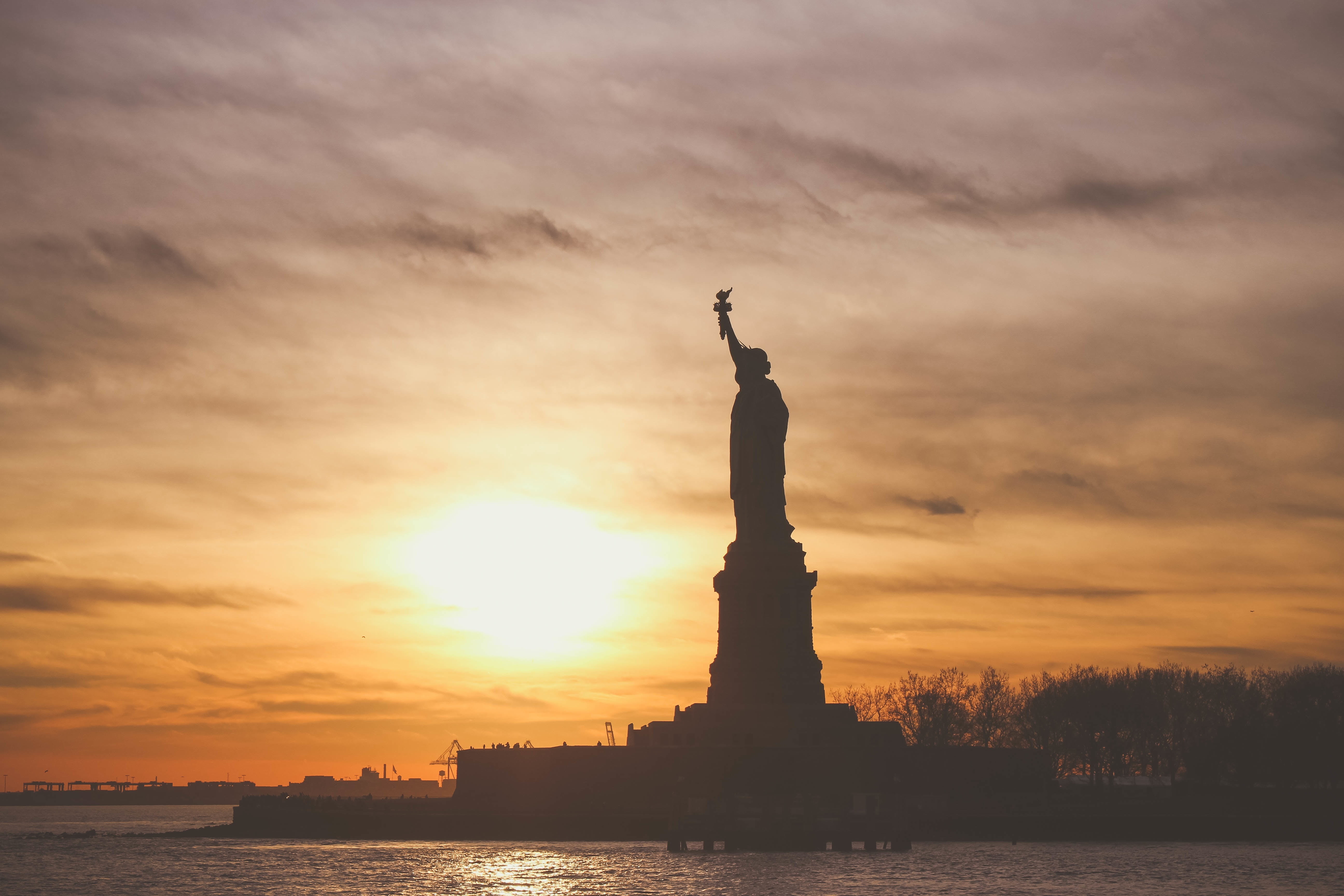 5K, monument, sky, sculpture, night, orange color, uSA, blue, new York City, outdoors, freedom, no people, urban Scene, liberty Island, famous Place, architecture, HD Wallpaper