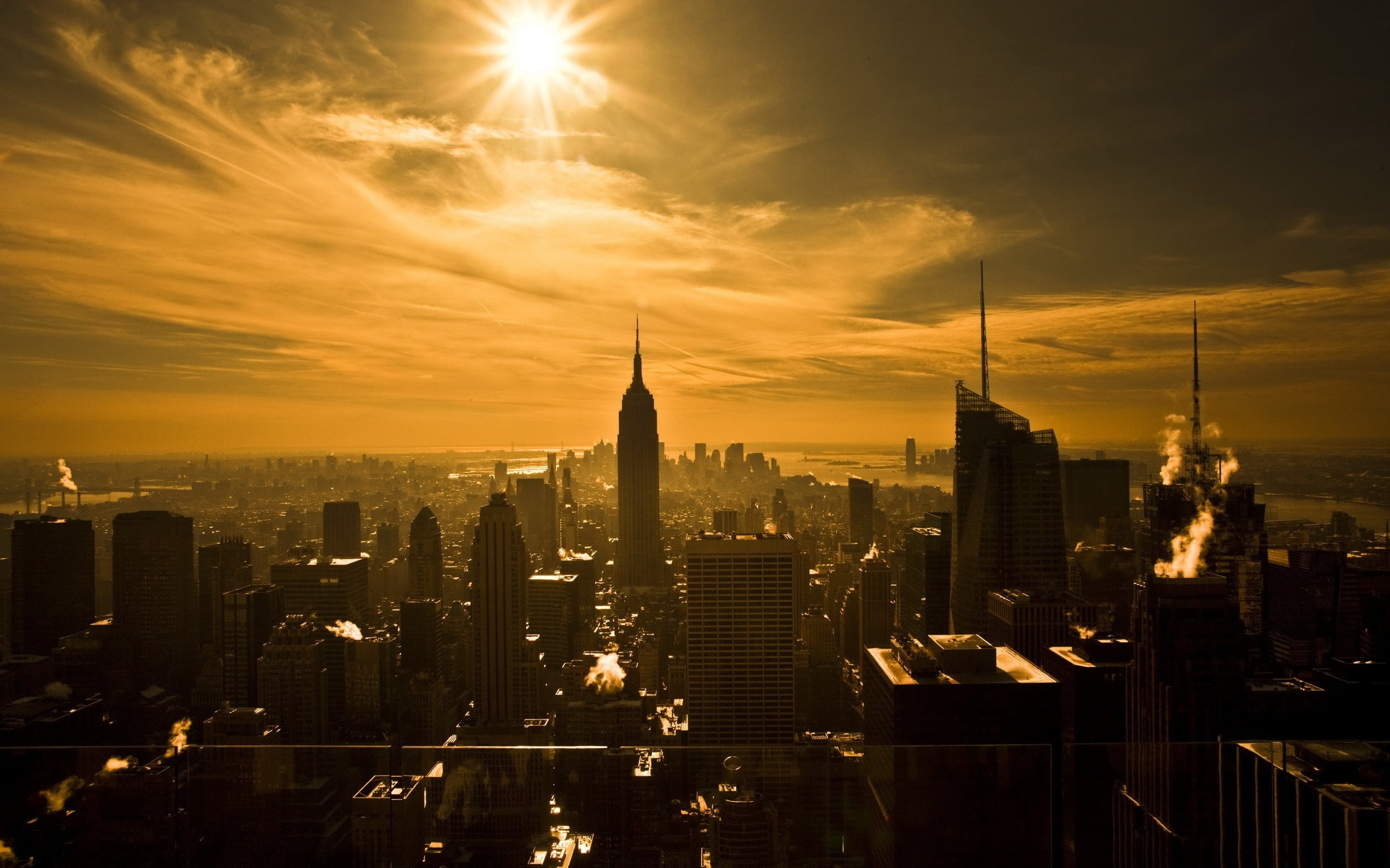 sunset, s, downtown District, high Angle View, hudson River, travel Destinations, skyscrapers, empire State Building, cityscape, tower, sun, city, office Building, HD Wallpaper