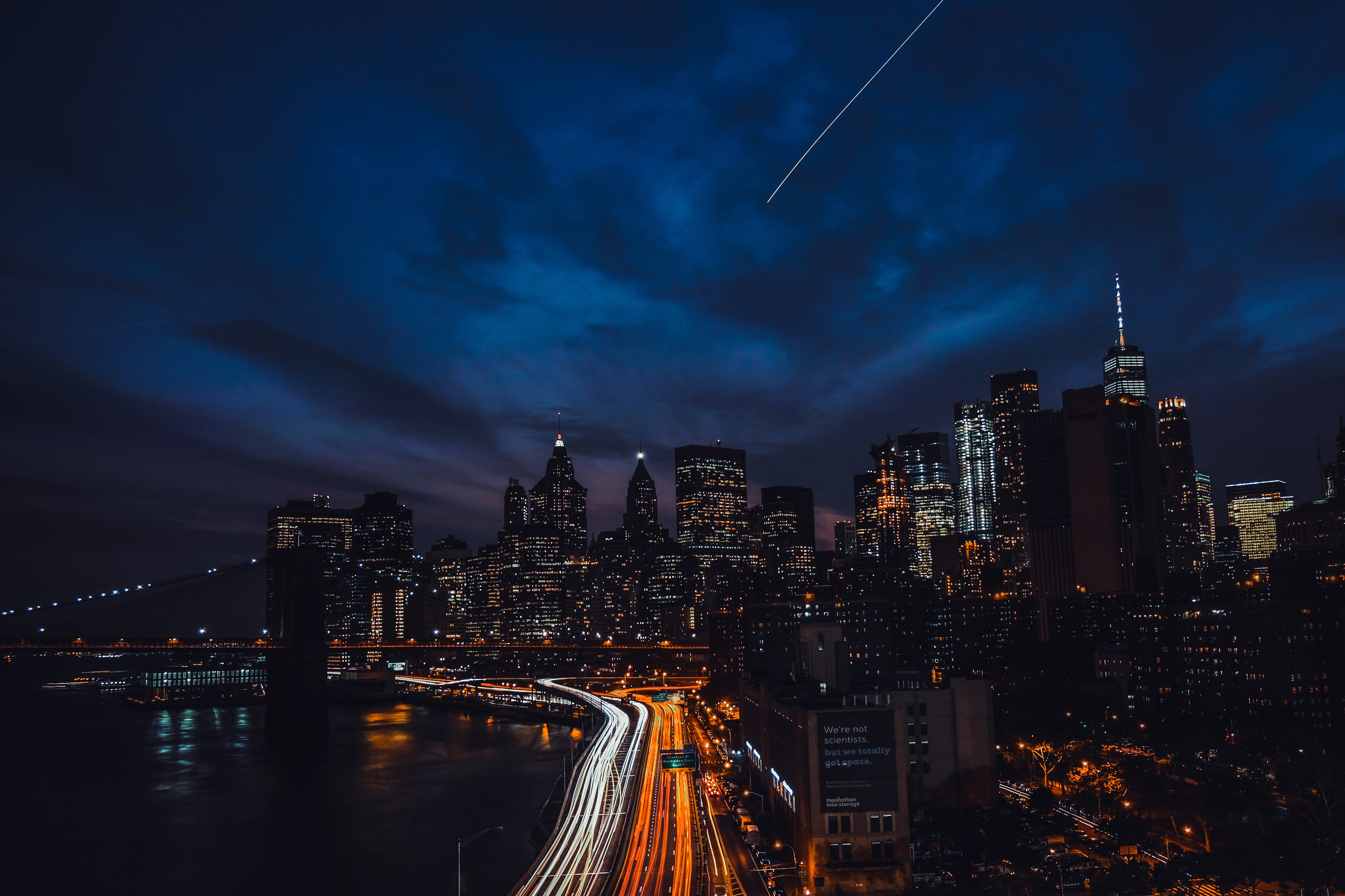 traffic, sunset, brooklyn Bridge, dark, uSA, city, night, water, international Landmark, skyscrapers, street Light, cloud - sky, motion, the Americas, urban Scene, HD Wallpaper