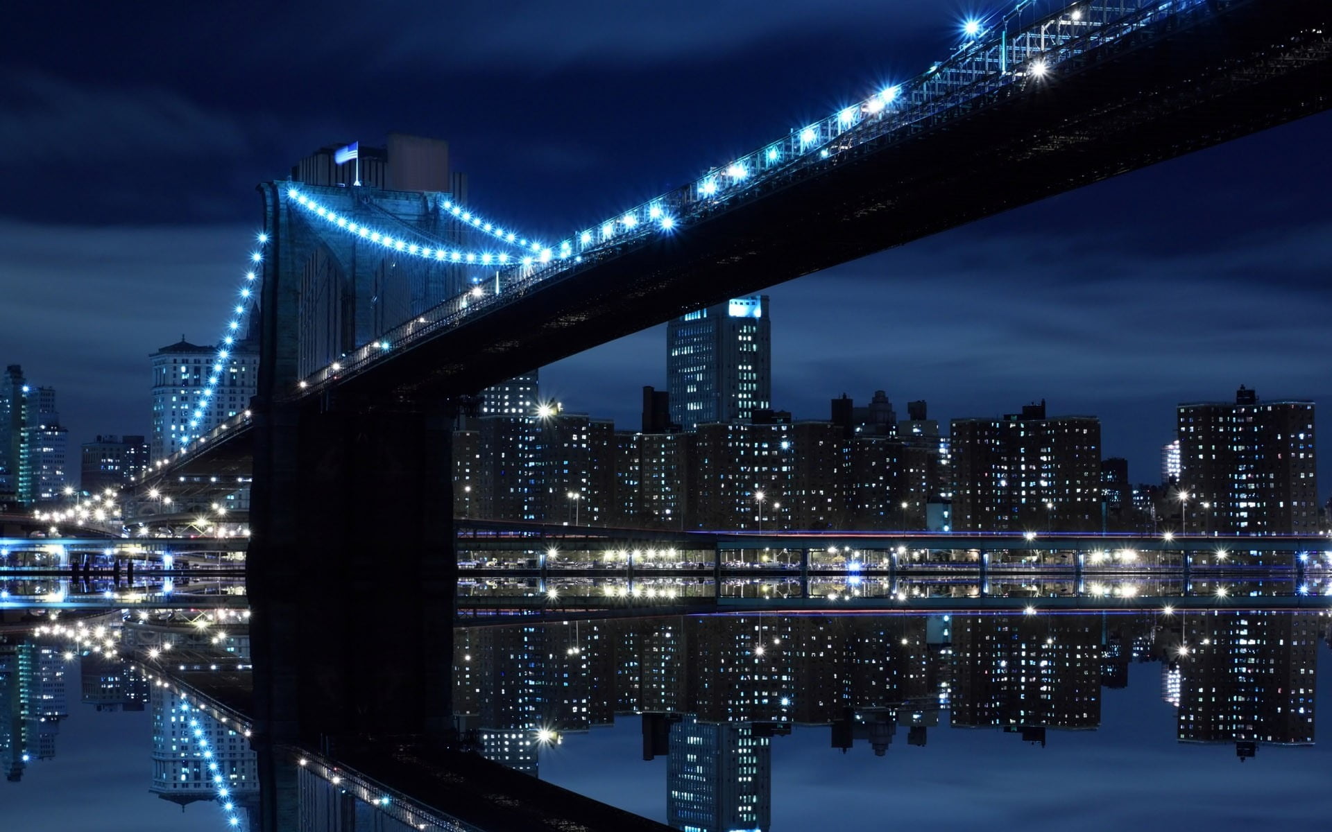 illuminated, skyscraper, built Structure, night, manhattan Bridge, bridge, architecture, urban Scene, sky, downtown District, famous Place, river, no People, HD Wallpaper