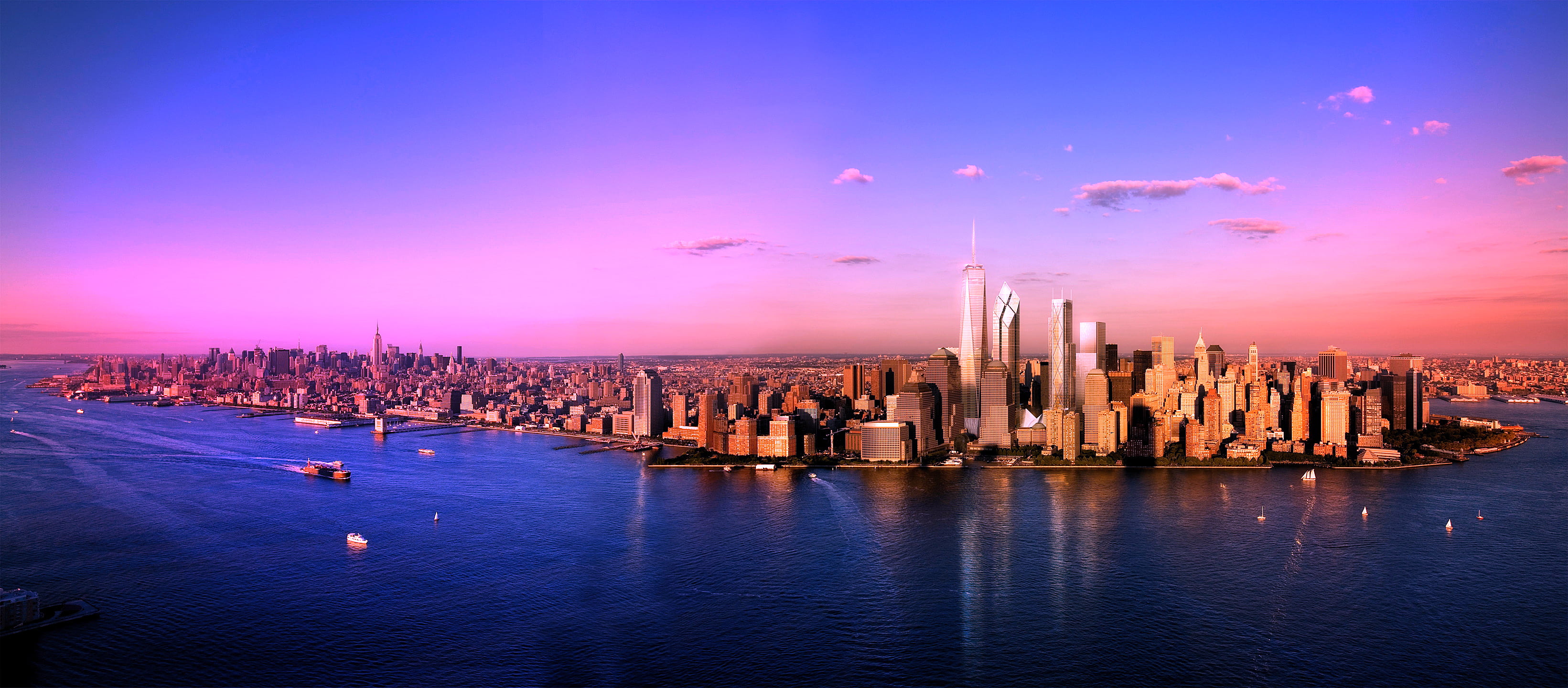 nautical vessel, urban Skyline, manhattan - New York City, reflection, built Structure, financial District, sea, transportation, famous Place, office Building, HD Wallpaper
