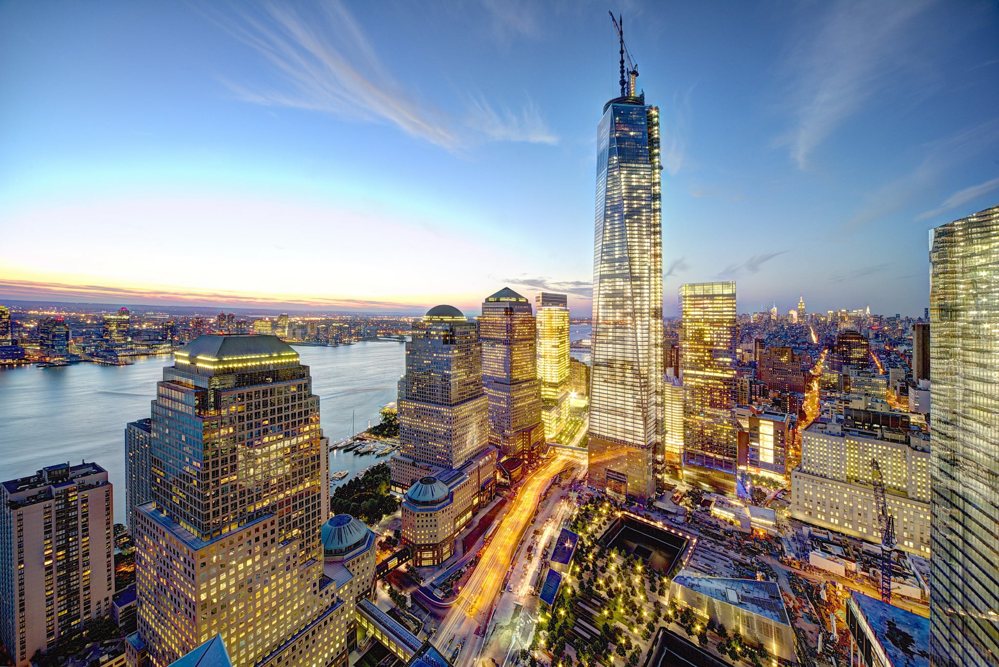travel destinations, World trade center, sky, office building exterior, lights, WTC, New York City, outdoors, skyscraper, high angle view, spire, USA, Manhattan, HD Wallpaper
