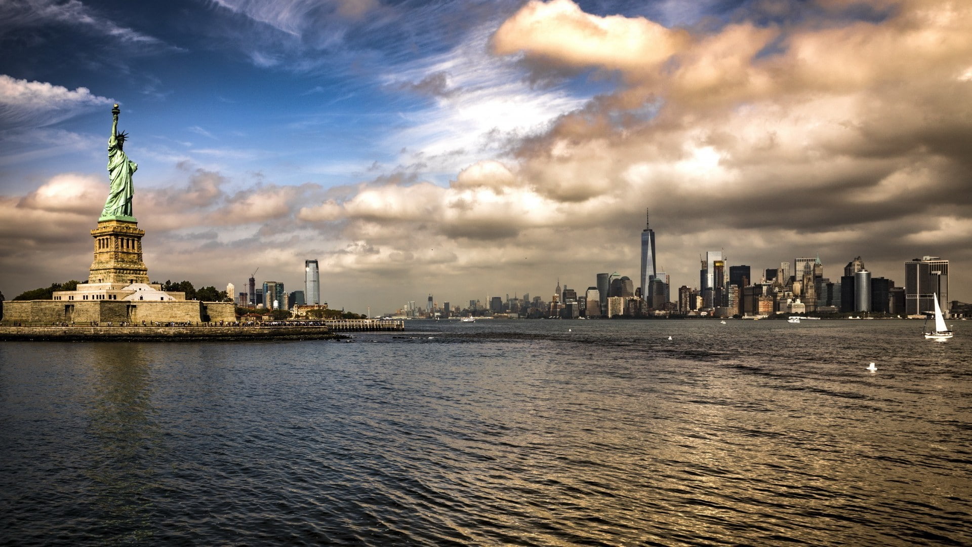 island, boat, architecture, Cityscape, Manhattan, city, One World Trade Center, New York City, building, USA, Statue Of Liberty, clouds, 1080P, Skyscraper, HD Wallpaper