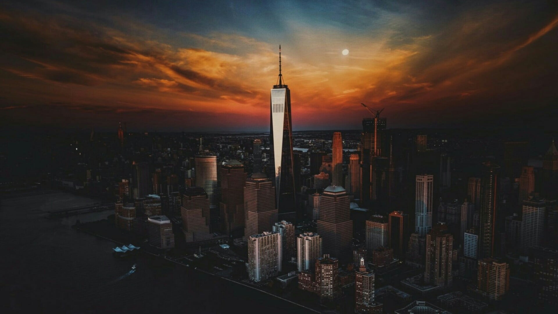 tower, urban skyline, no people, built structure, 1080P, spire, travel destinations, building exterior, cityscape, skyline, orange sky, outdoors, modern, HD Wallpaper