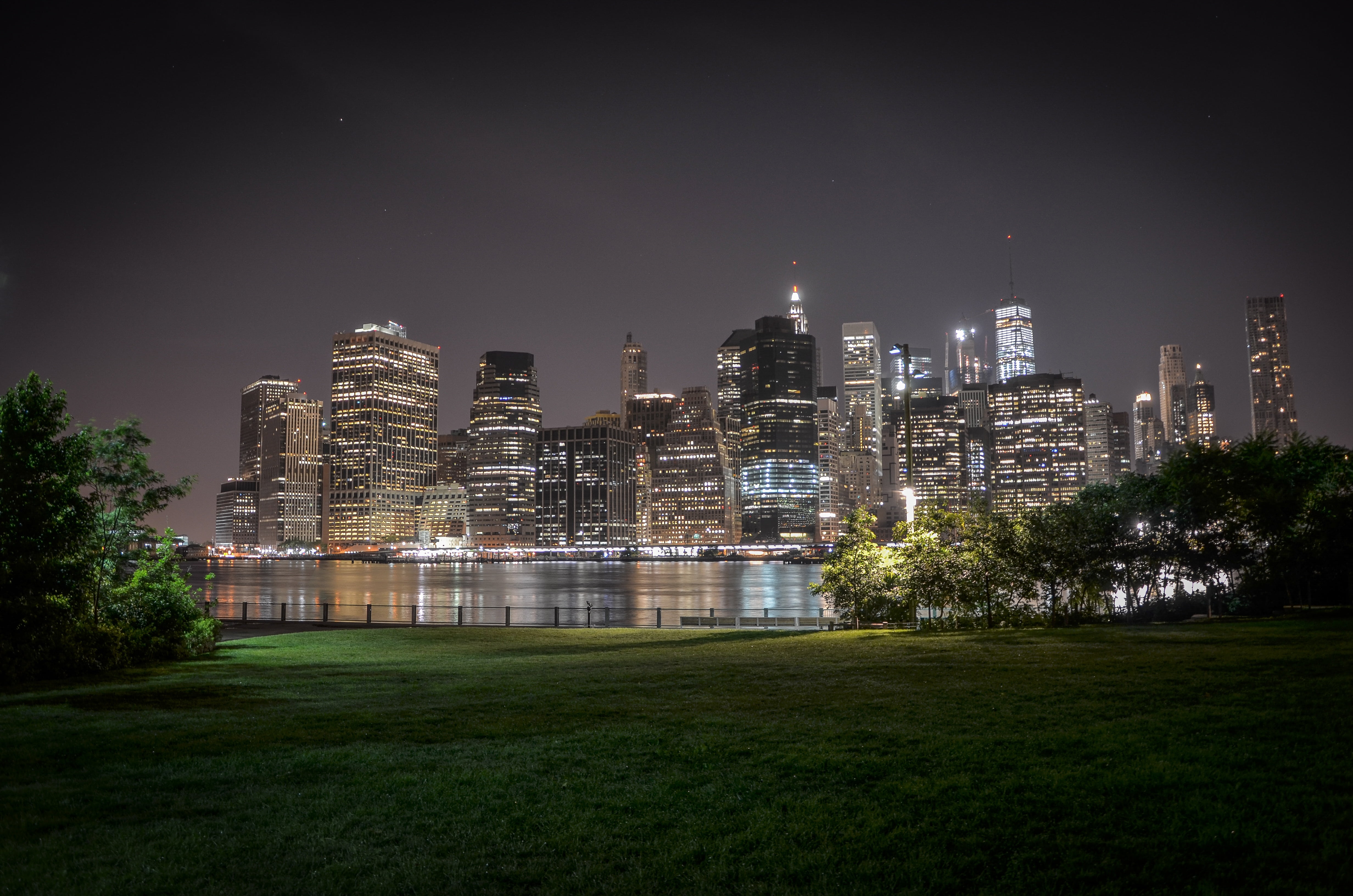 financial district, night, landscape, plant, nature, grass, cityscape, nyc, outdoors, brooklyn bridge park, illuminated, building, architecture, sky, manhattan, HD Wallpaper
