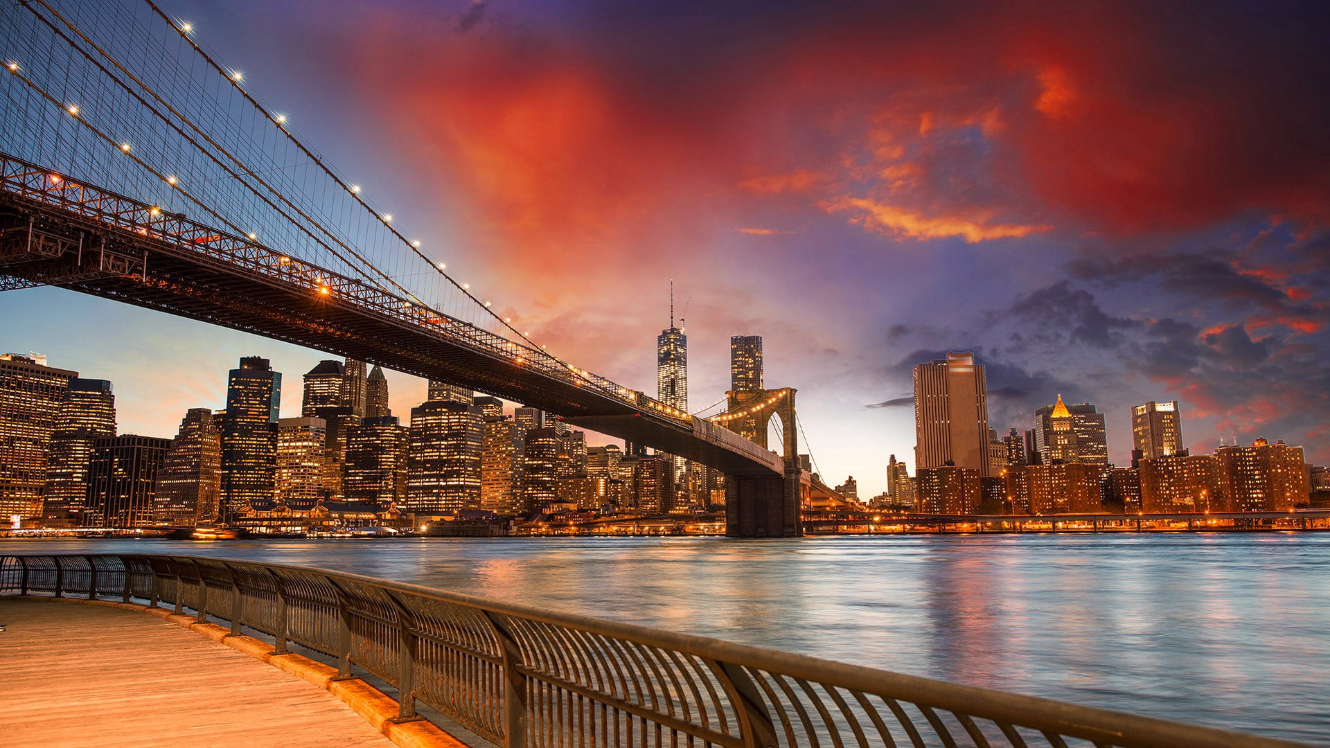 cityscape, nature, united states, landmark, new york, dusk, brooklyn bridge park, bridge - man made structure, urban skyline, bridge, travel destinations, HD Wallpaper