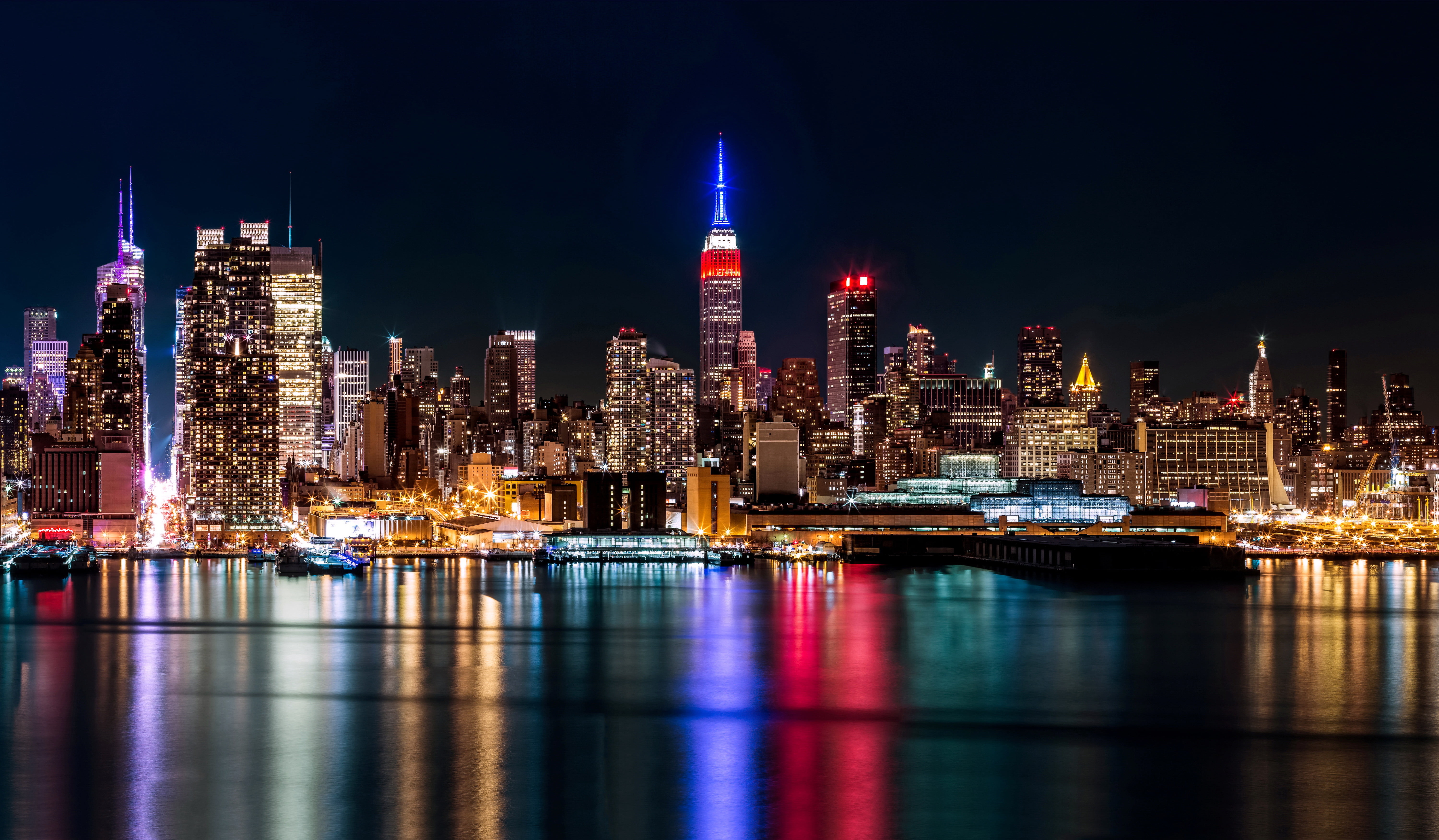 building, lower Manhattan, street Light, photo, skyscraper, travel Destinations, reflection, night, twilight, finance, blue, outdoors, harbor, lighting Equipment, HD Wallpaper