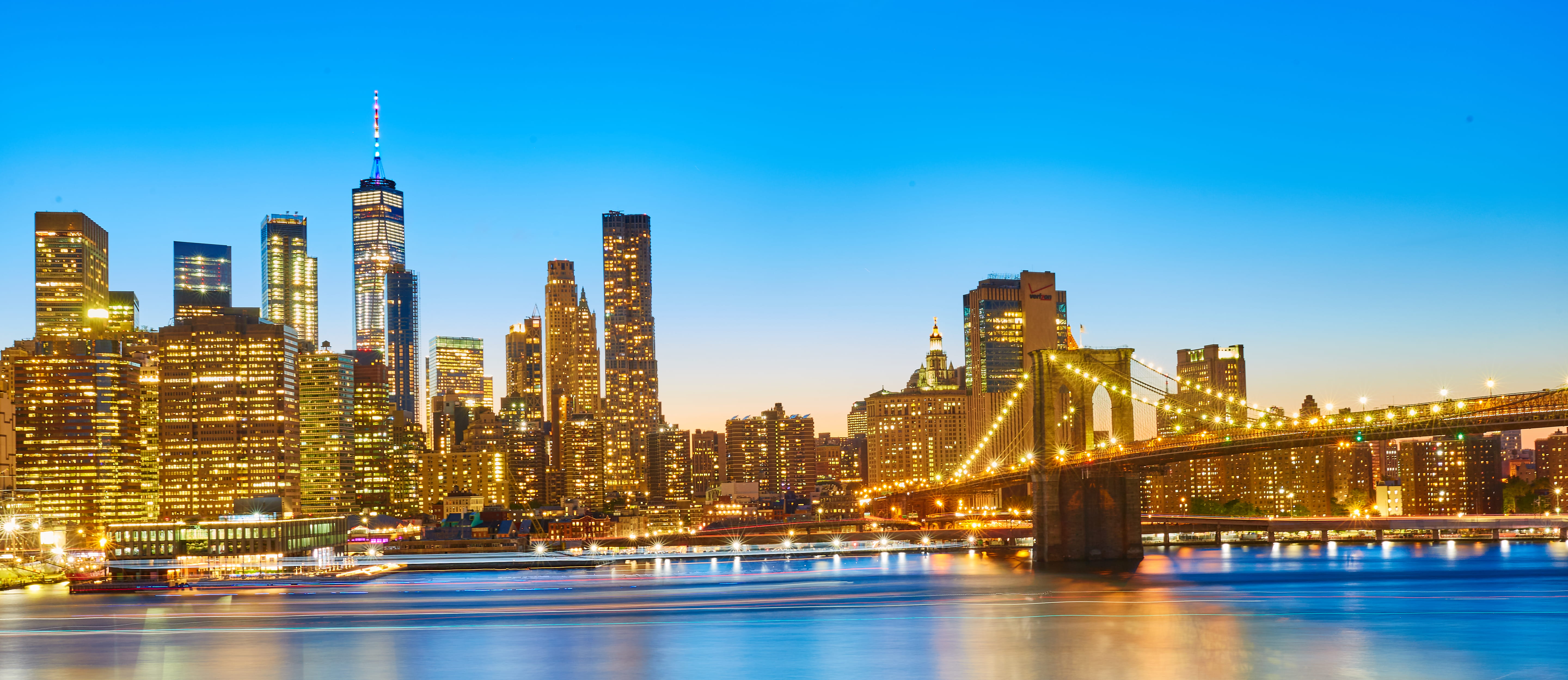 blue, building exterior, downtown, nyc, bridge, landscape, cityscape, modern, skyline, brooklyn, office building exterior, 5K, illuminated, transportation, HD Wallpaper