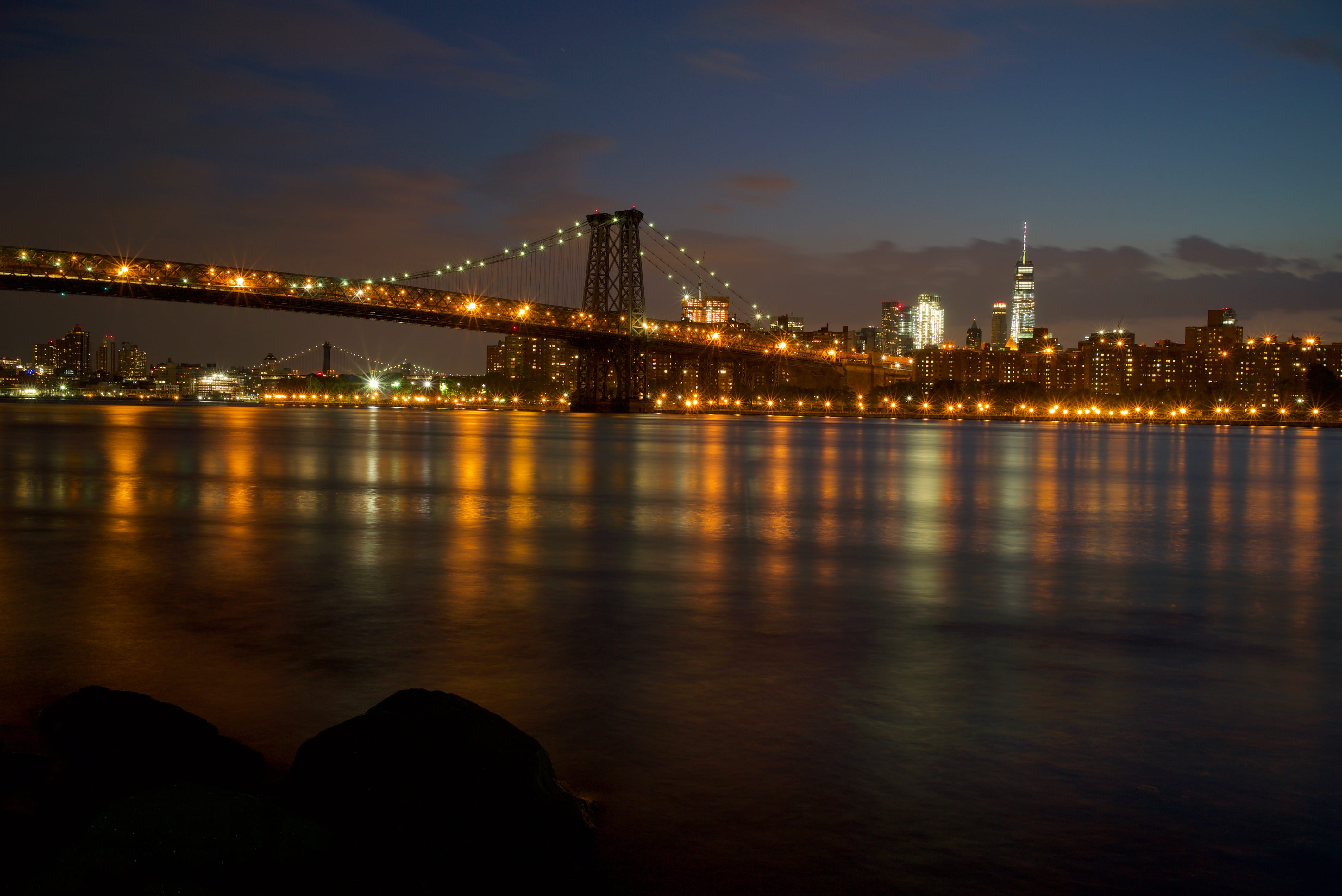 transportation, long exposure, night, waterfront, new york, river, williamsburg, architecture, reflection, bridge - man made structure, travel destinations, HD Wallpaper