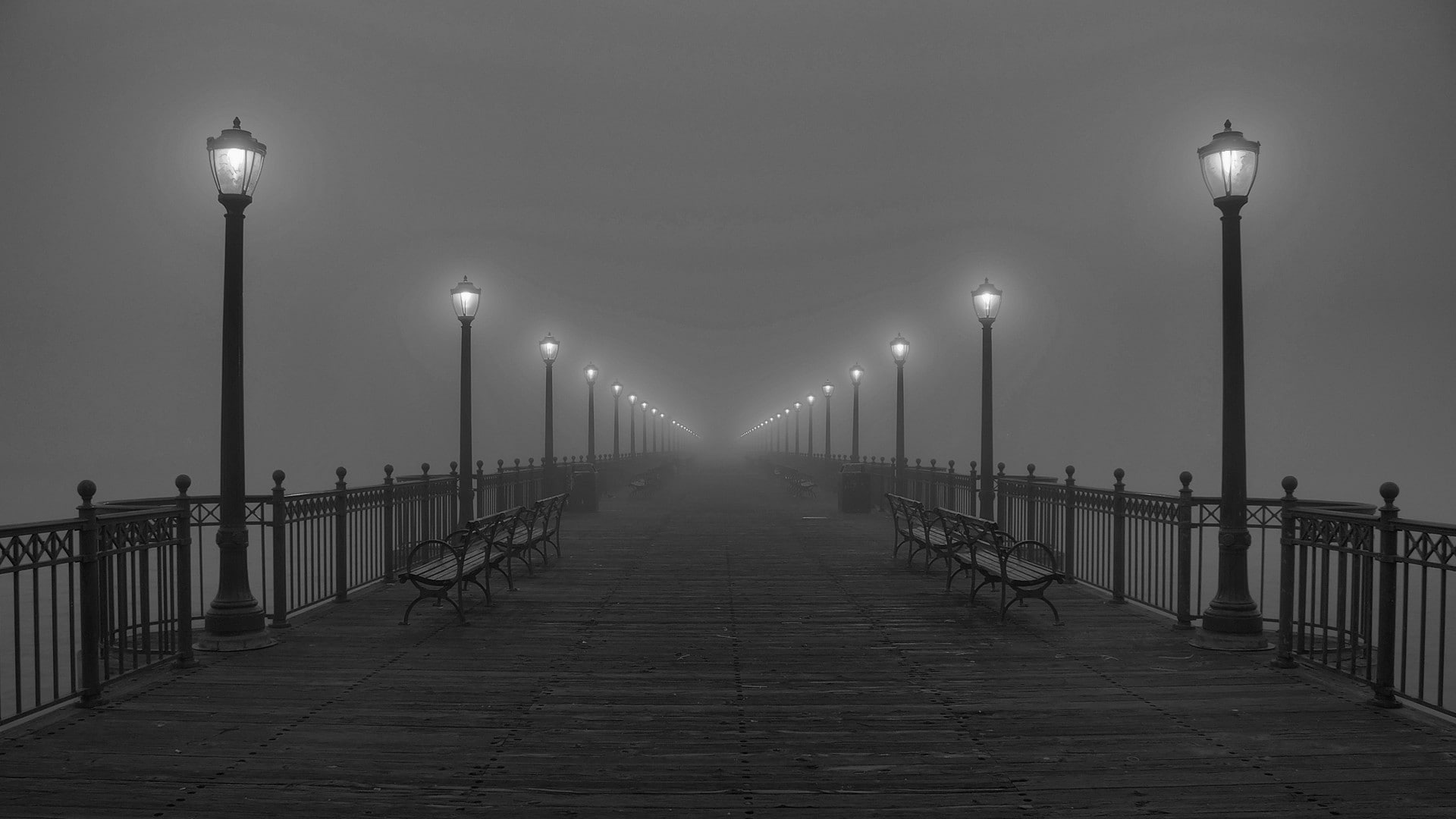 street light, railing, light, outdoors, diminishing perspective, fence, sky, bridge, night, bench, lights, landscape, 1080P, no people, the way forward, HD Wallpaper