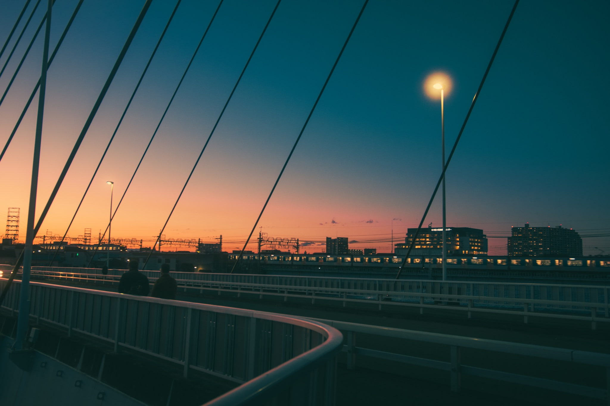 outdoors, built structure, city, street light, no people, nature, building exterior, dusk, electricity, moon, 1080P, track, orange color, illuminated, HD Wallpaper