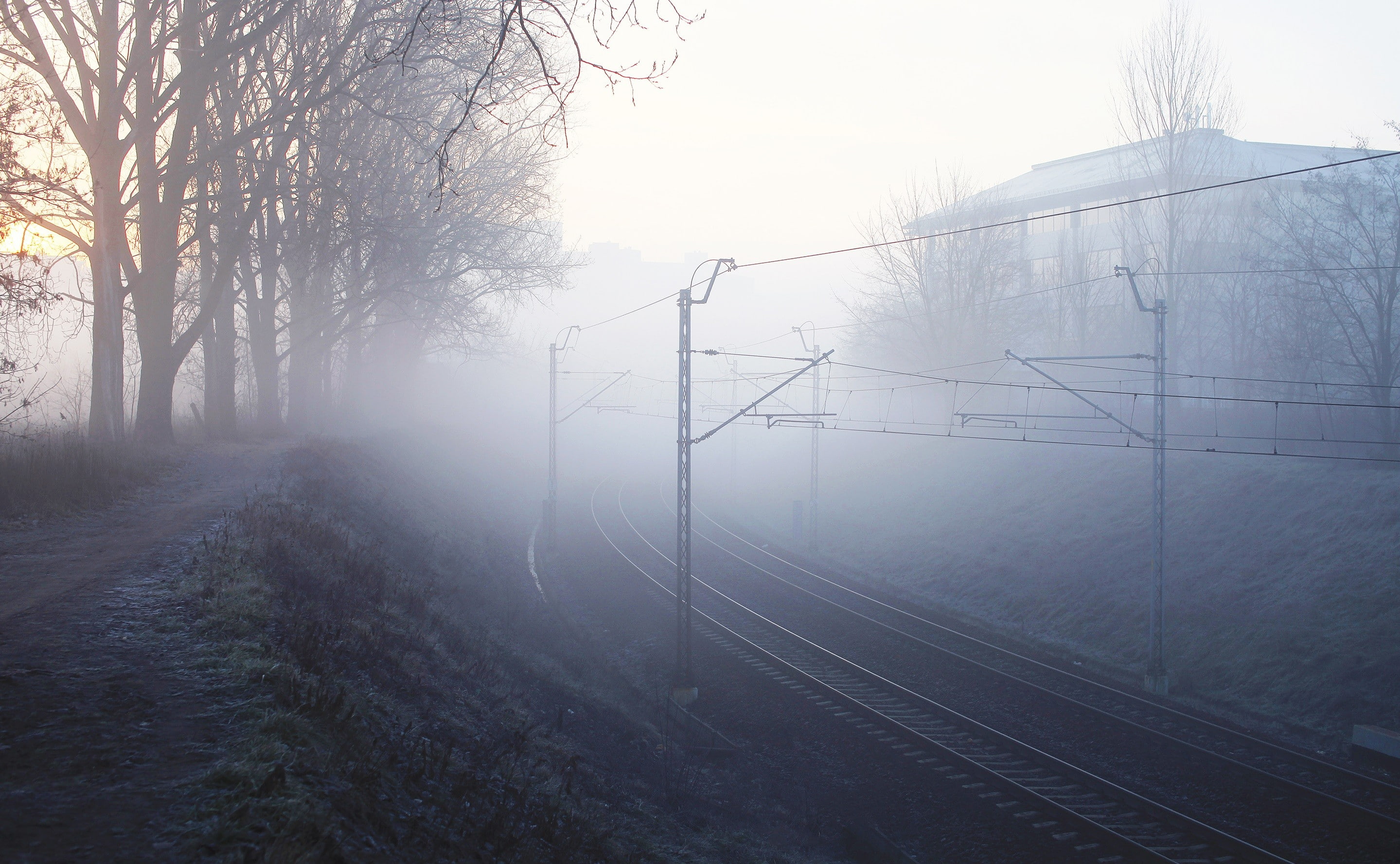 day, electricity pylon, sky, rail transportation, track, 2K, outdoors, nature, connection, electricity, fog, power supply, no people, photography, building, HD Wallpaper