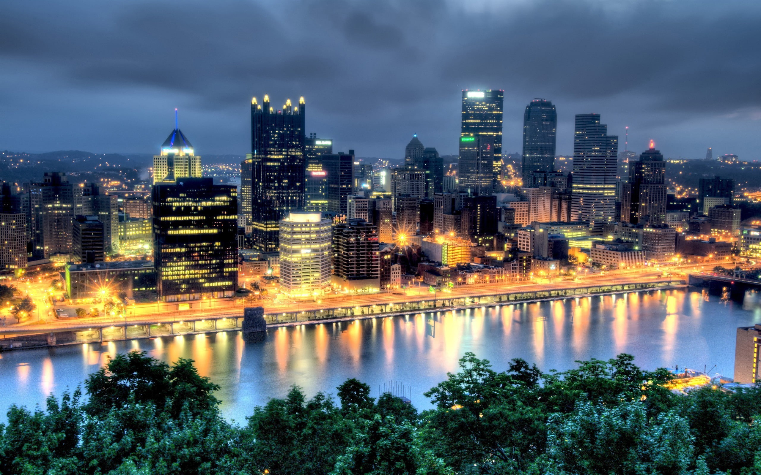 Pittsburgh, cityscape, 2K, building, lights, HDR, city, HD Wallpaper