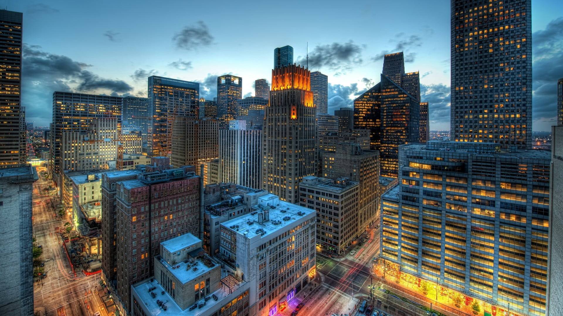 illuminated, financial district, no people, tall - high, sky, HDR, buildings, building exterior, concrete, office building exterior, landscape, skyscraper, HD Wallpaper