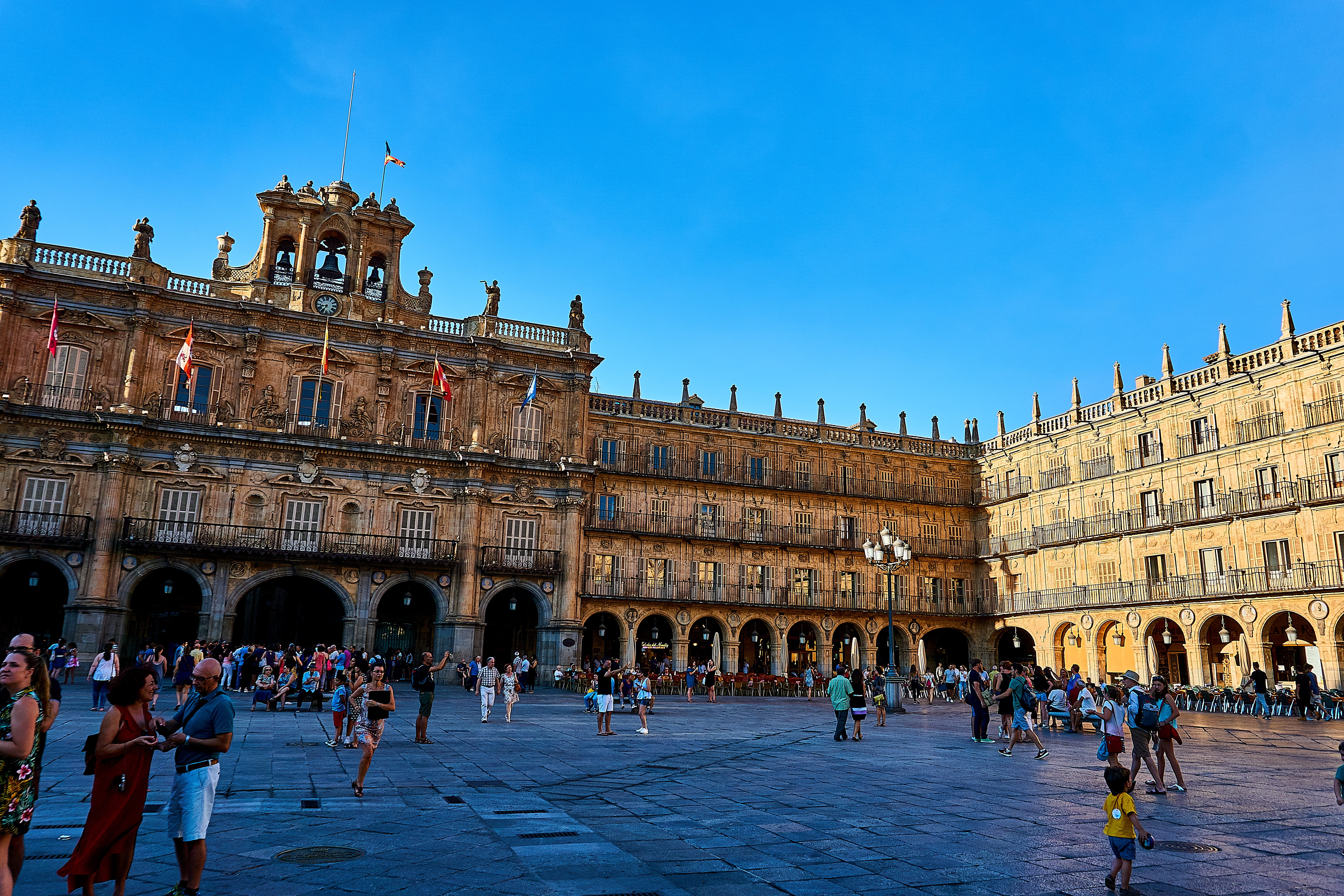 travel destinations, tourism, the past, history, plaza mayor, blue, facade, travel, town, building, town square, large group of people, group of people, HD Wallpaper