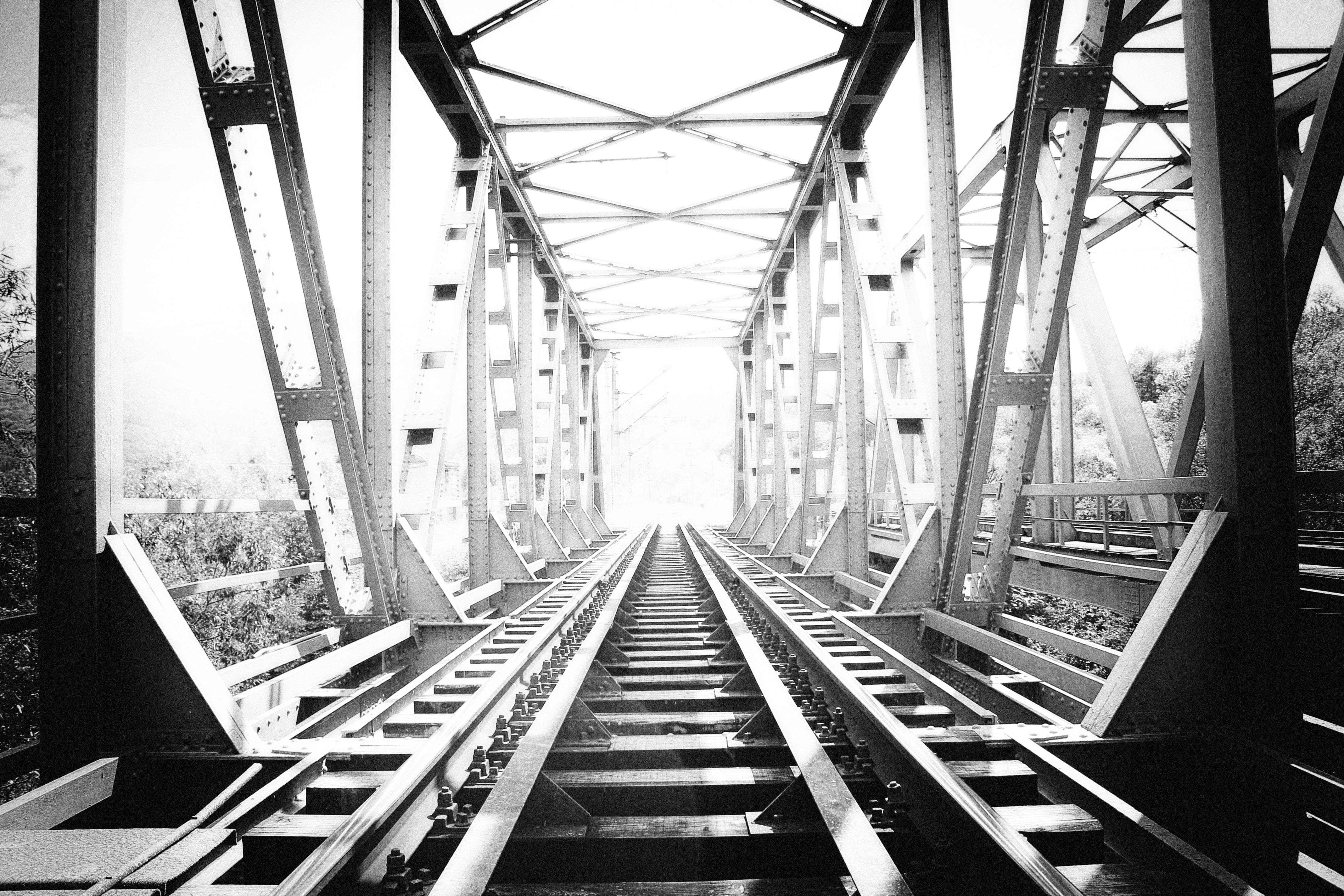 railway bridge, rail, direction, photo, mode of transportation, nature, train, infrastructure, track, built structure, grayscale, long, engineering, diminishing perspective, HD Wallpaper