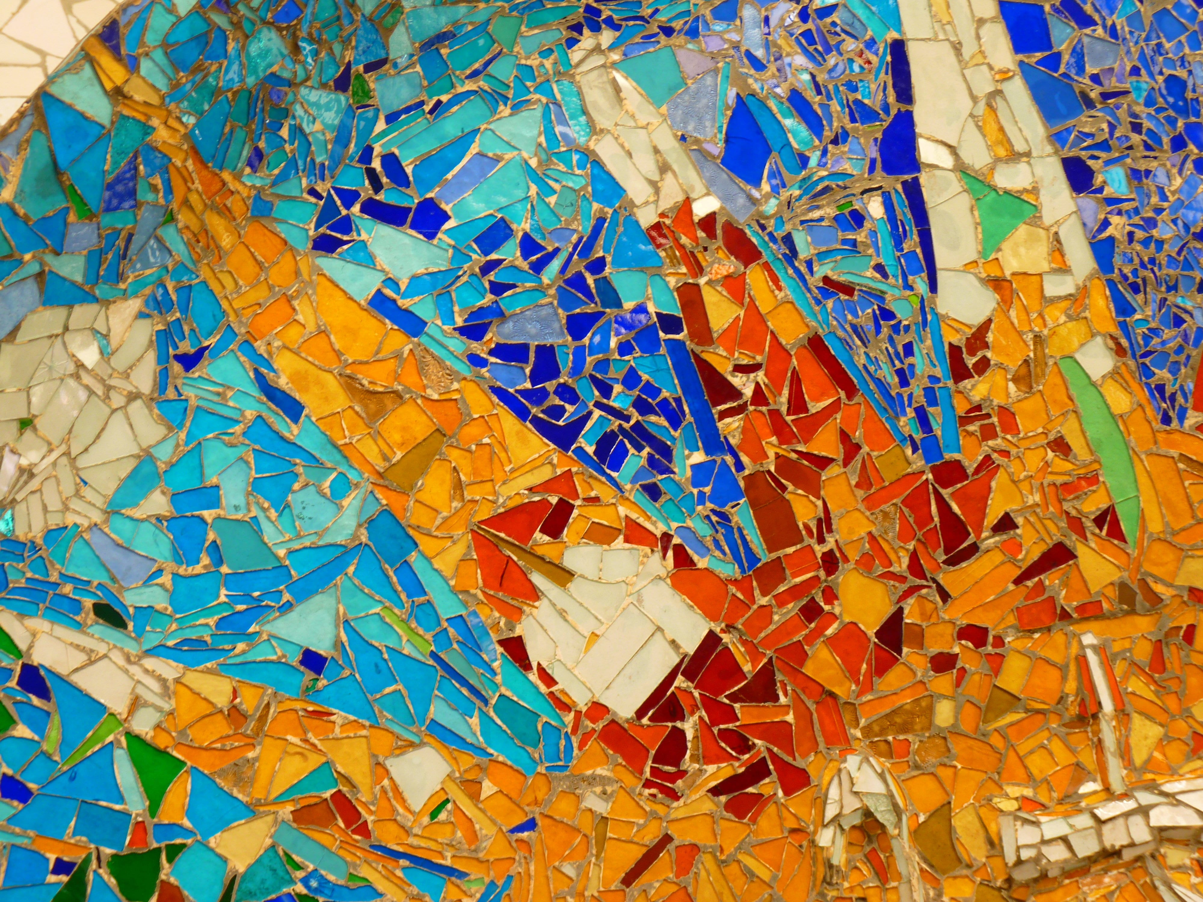 blue, park güell, no people, ceiling, creativity, large group of objects, glass, craft, close-up, day, tile, built structure, choice, indoors, gaudí, multicolored, HD Wallpaper