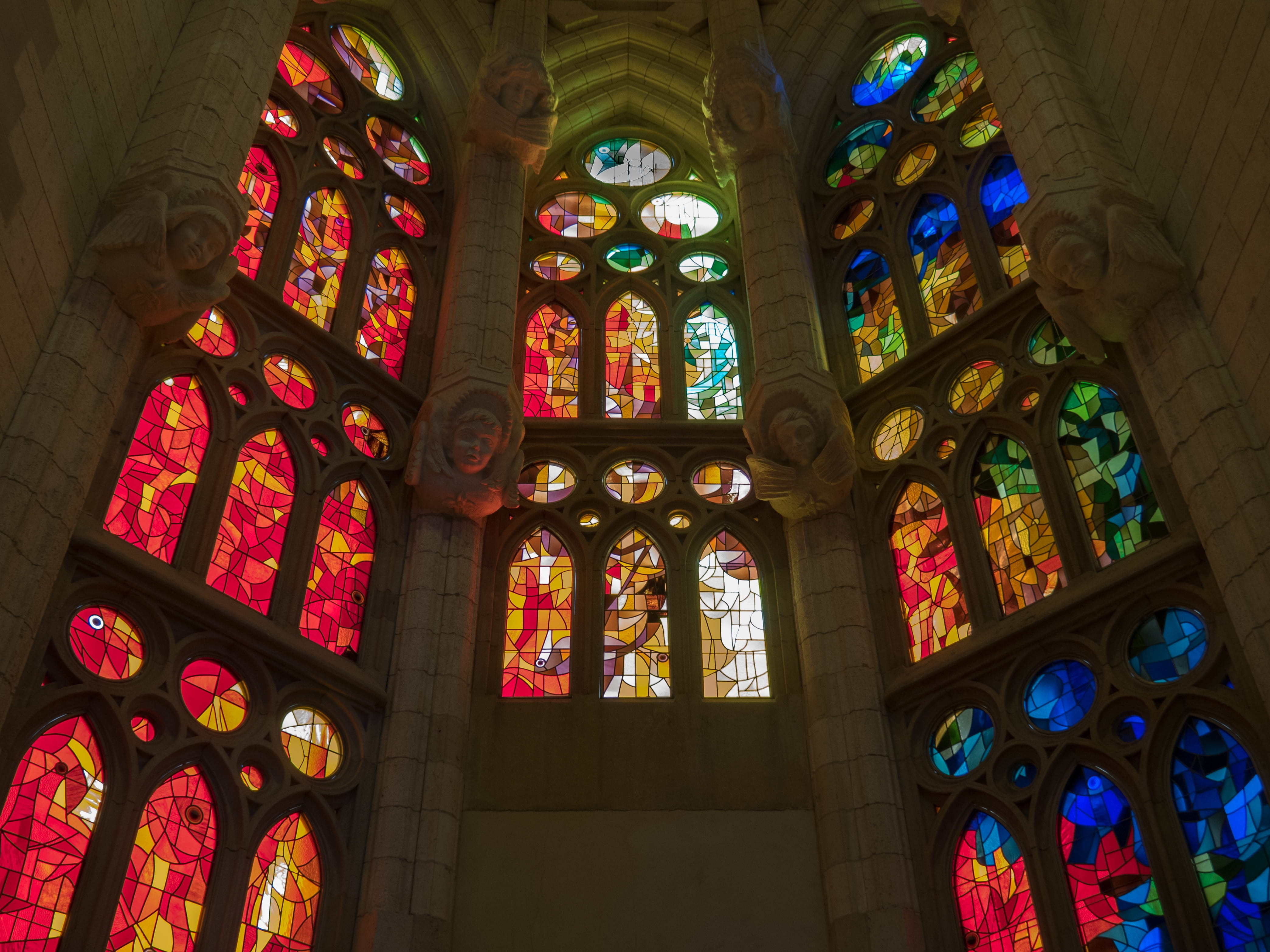 colors, stained glass window, stained glass, no people, belief, Sagrada Família, catalonia, ceiling, view, travel destinations, building, ornate, Barcelona, HD Wallpaper