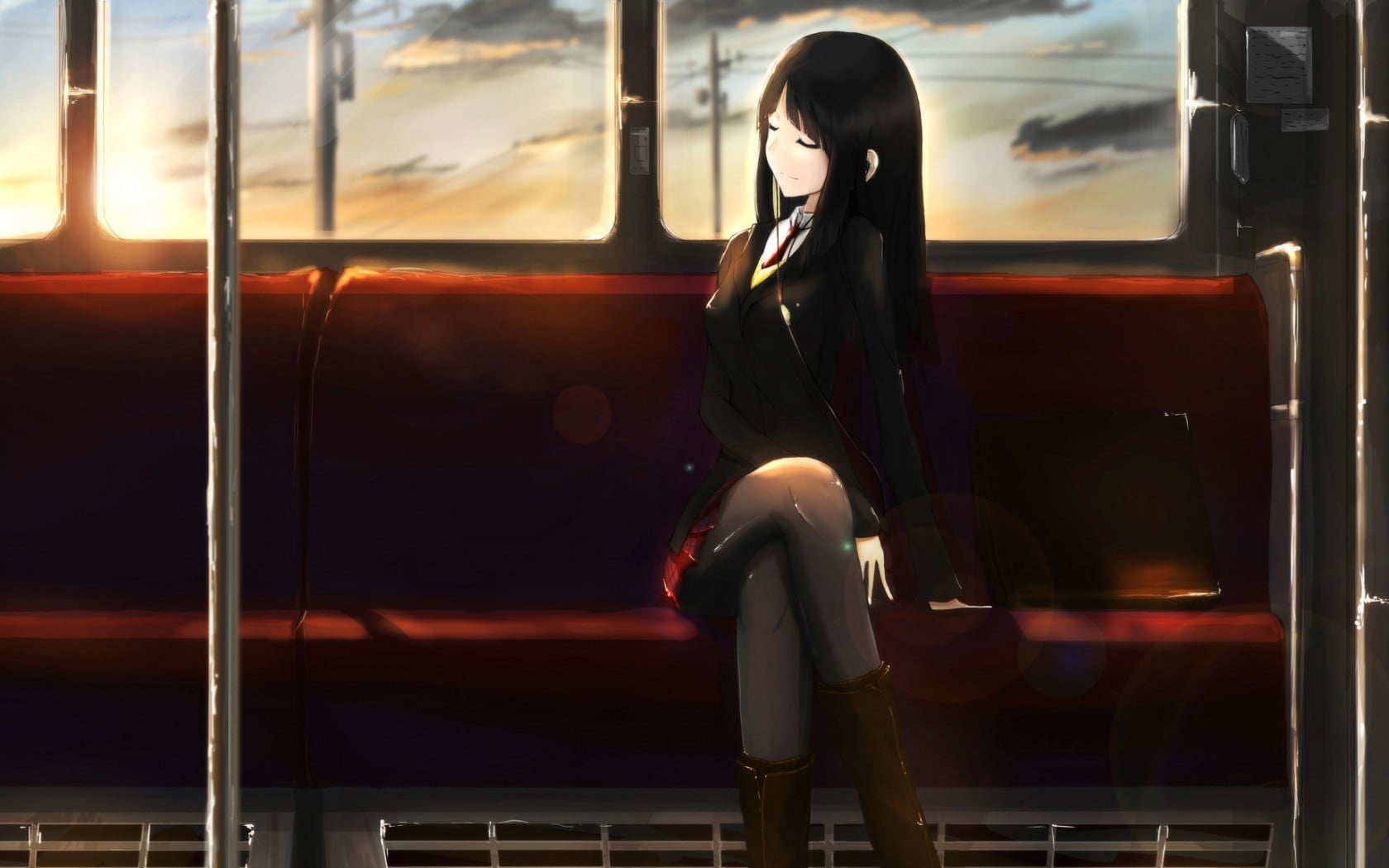 one person, public transportation, sitting, hairstyle, transportation, 720P, lifestyles, real people, outdoors, anime girls, sunlight, glass - material, HD Wallpaper