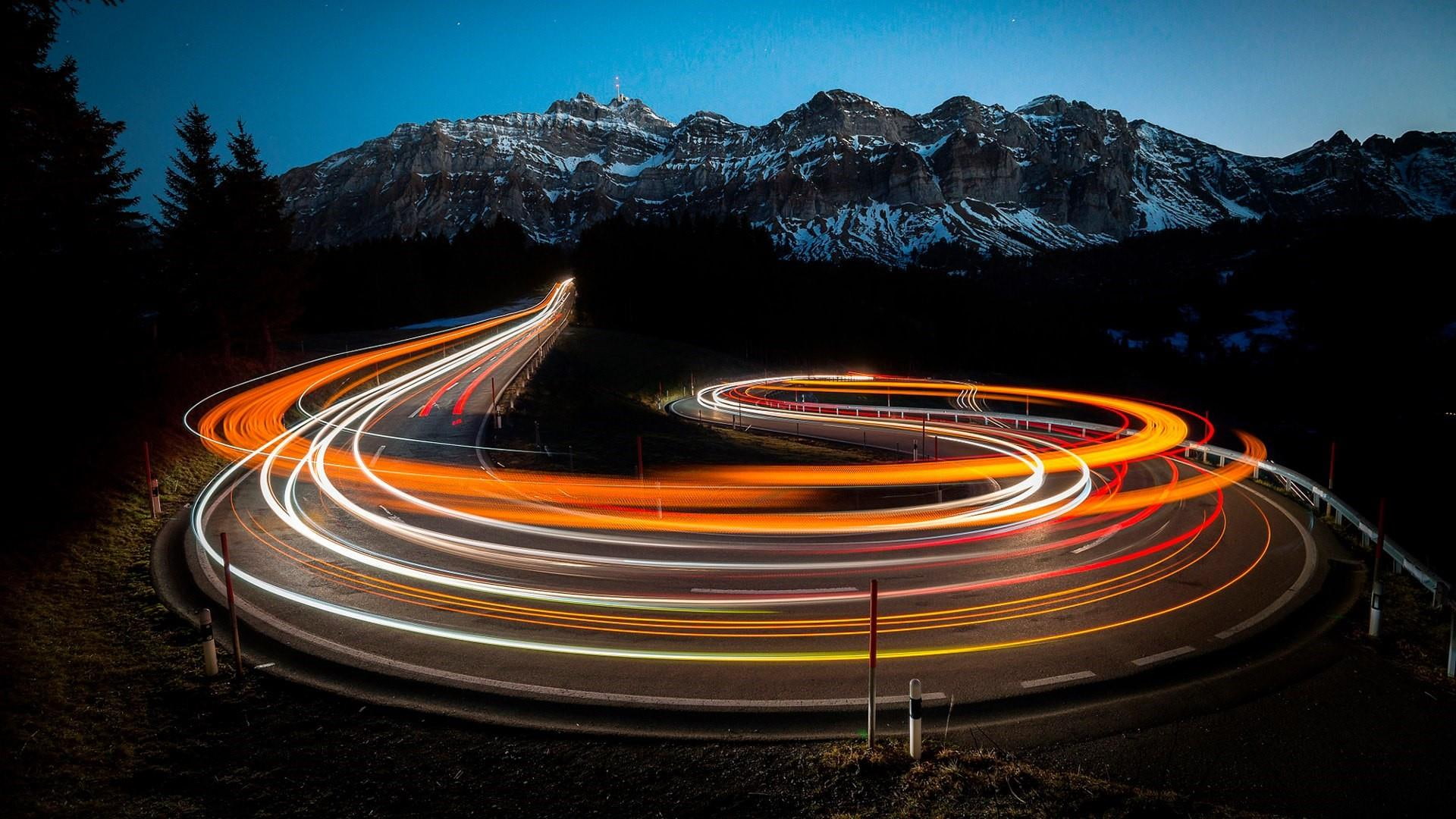 long exposure photography, bend, winter, switzerland, darkness, evening, night, light, line, light trails, road, europe, santis, long exposure, 1080P, HD Wallpaper