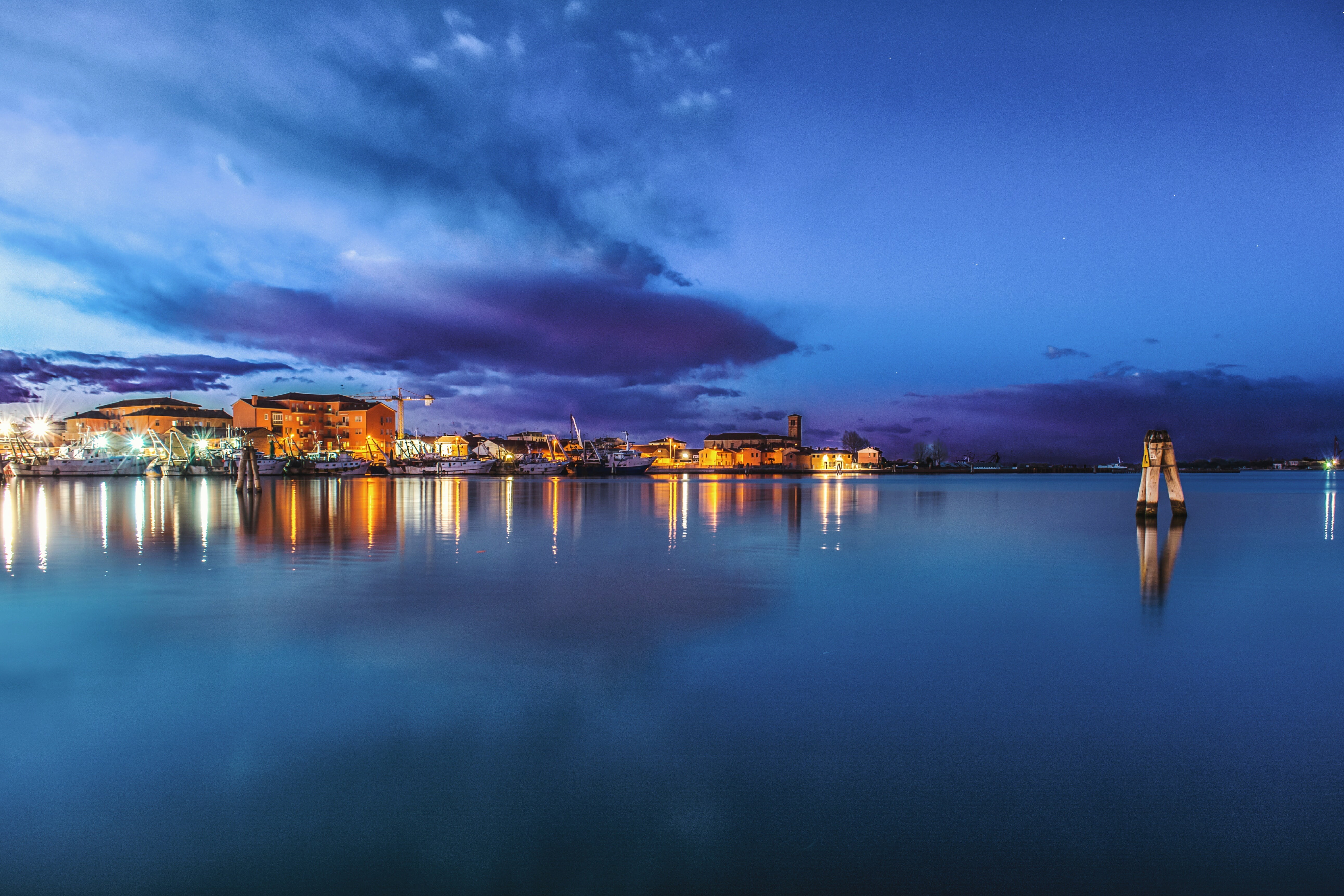 dark, harbor, no people, river, structure, sunset, architecture, lights, built structure, body, building exterior, sky, water, infrastructure, clouds, cityscape, HD Wallpaper