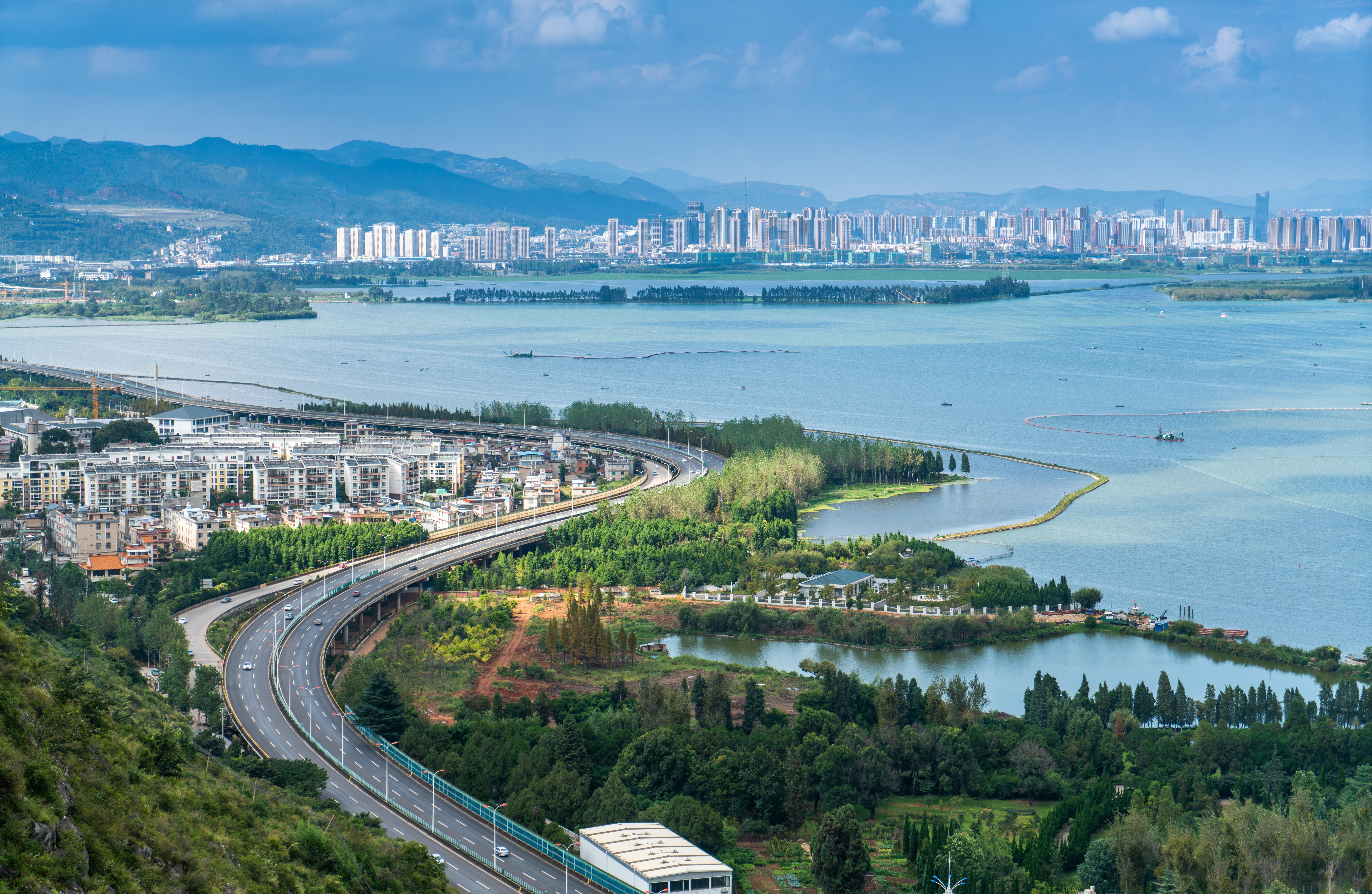 kunming, highway, day, water, high angle view, bridge, architecture, transportation, in yunnan province, cityscape, plant, built structure, connection, HD Wallpaper