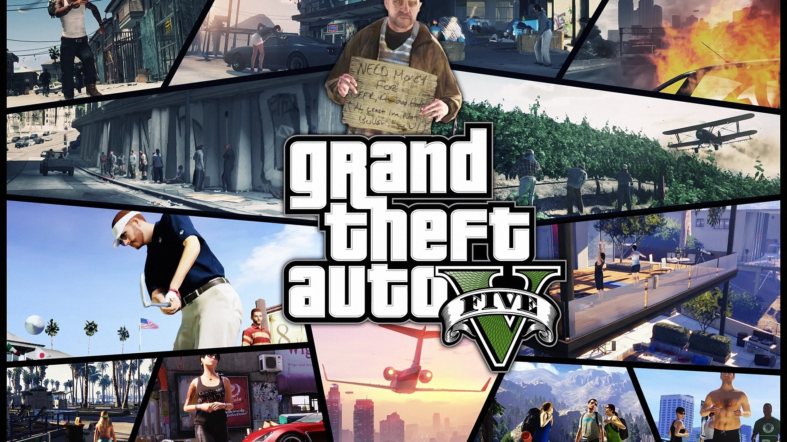 grand theft auto 5, business, transportation, text, western script, city, men, nature, human representation, creativity, people, theft, shots, HD Wallpaper