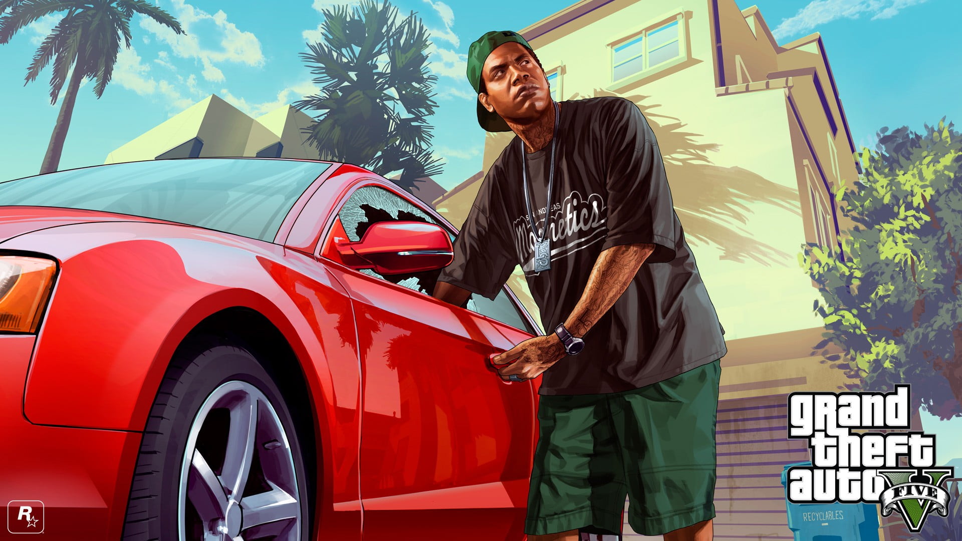motor vehicle, 1080P, car, day, grand, three quarter length, auto, young adult, Grand Theft Auto V, young men, one person, red, cover, outdoors, video game characters, HD Wallpaper