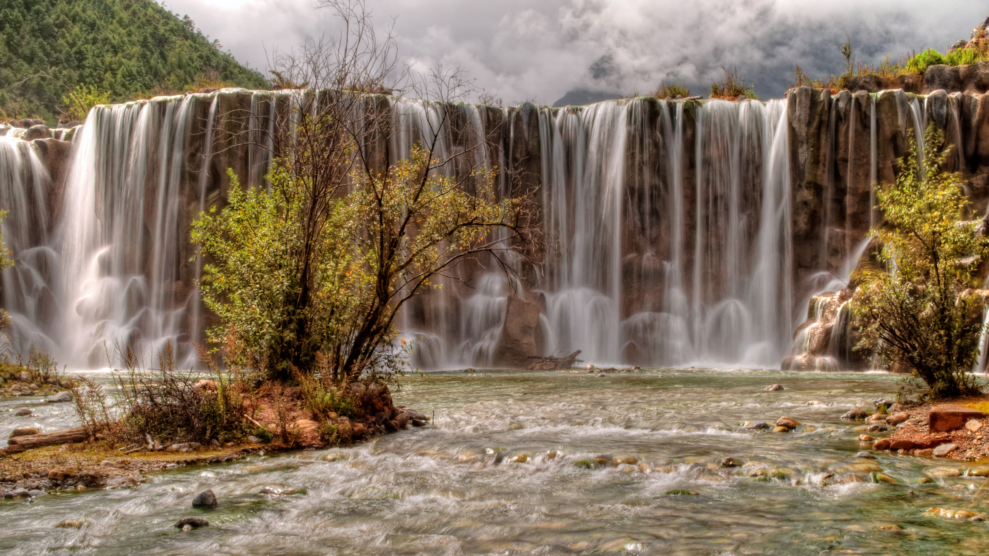 water, waterfall, 4K, tree, liang, flowing, flowing water, long exposure, blurred motion, no people, motion, power in nature, plant, yunnan, river, rock, HD Wallpaper
